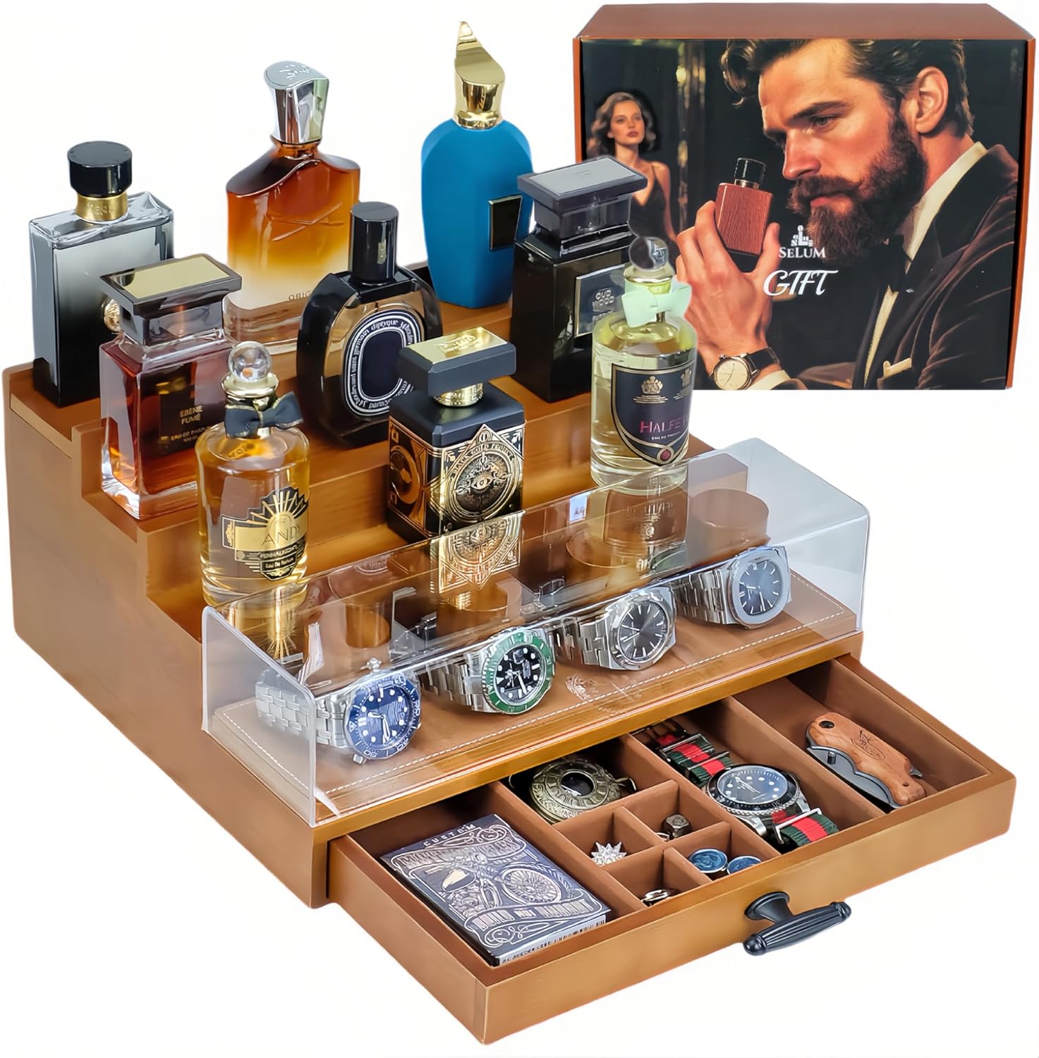 Cologne and Watch Organizer Walnut Brown – Wooden Perfume Display Stand with Jewelry Storage Drawer, Velvet Lining, Hidden Compartment – Large Cologne Holder – Gift Box Included
