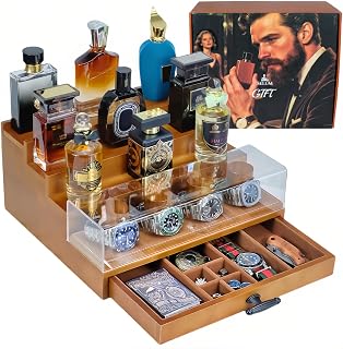SeLuM Wooden Cologne and Watch Organizer for Men, Clear HD Display Cover | 4-Tier Brown Perfume Display Stand with Jewelry Storage Drawer, Velvet Lining, Hidden Compartment, Elegant Gift Packaging