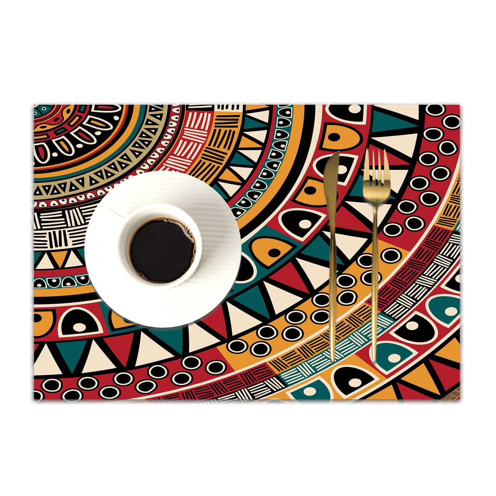 DASNK Table Mats Set of 4 Woven Vinyl Place Mats for Dinner Table Washable & Durable Indoor/Outdoor Use Table Accessories,Tribal decor, African tribal round pattern with ethnic colors, Aztec,12x18in