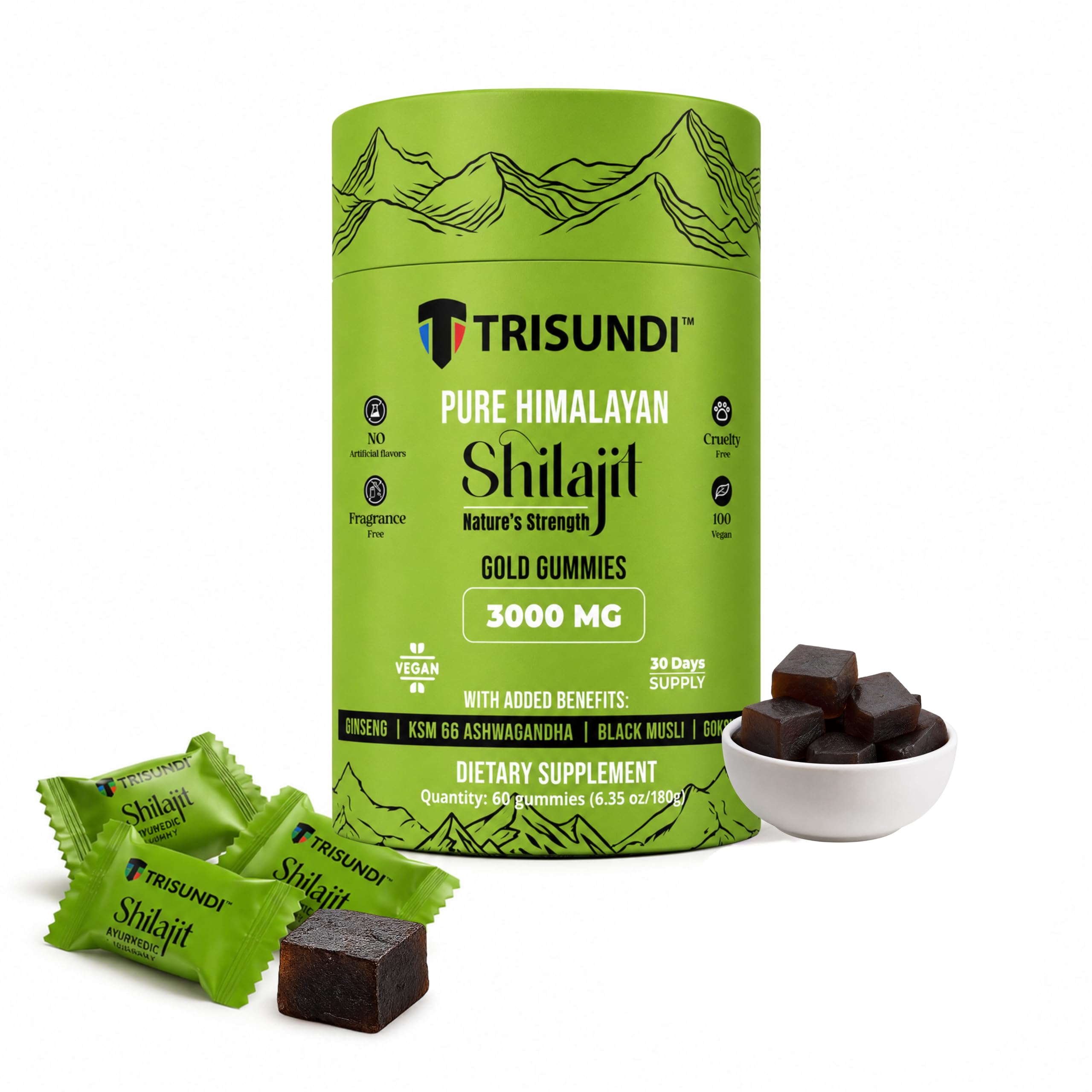 Trisundi® Himalayan Shilajit Gold Gummies 3000mg | Herbal Blend with Ginseng, KSM-66 Ashwagandha, Black Musli & Gokshura | Vegan Supplement – 60 Gummies (30 Day Supply)