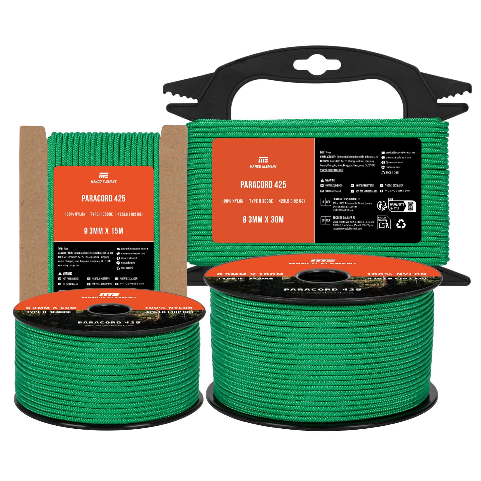 Manco Element 3mm Paracord 425 Type II 15m Jade Green | 100% Nylon Rope 3 Strands Tactical Cord | Ideal for Outdoor, Camping, Survival, Crafting, DIY