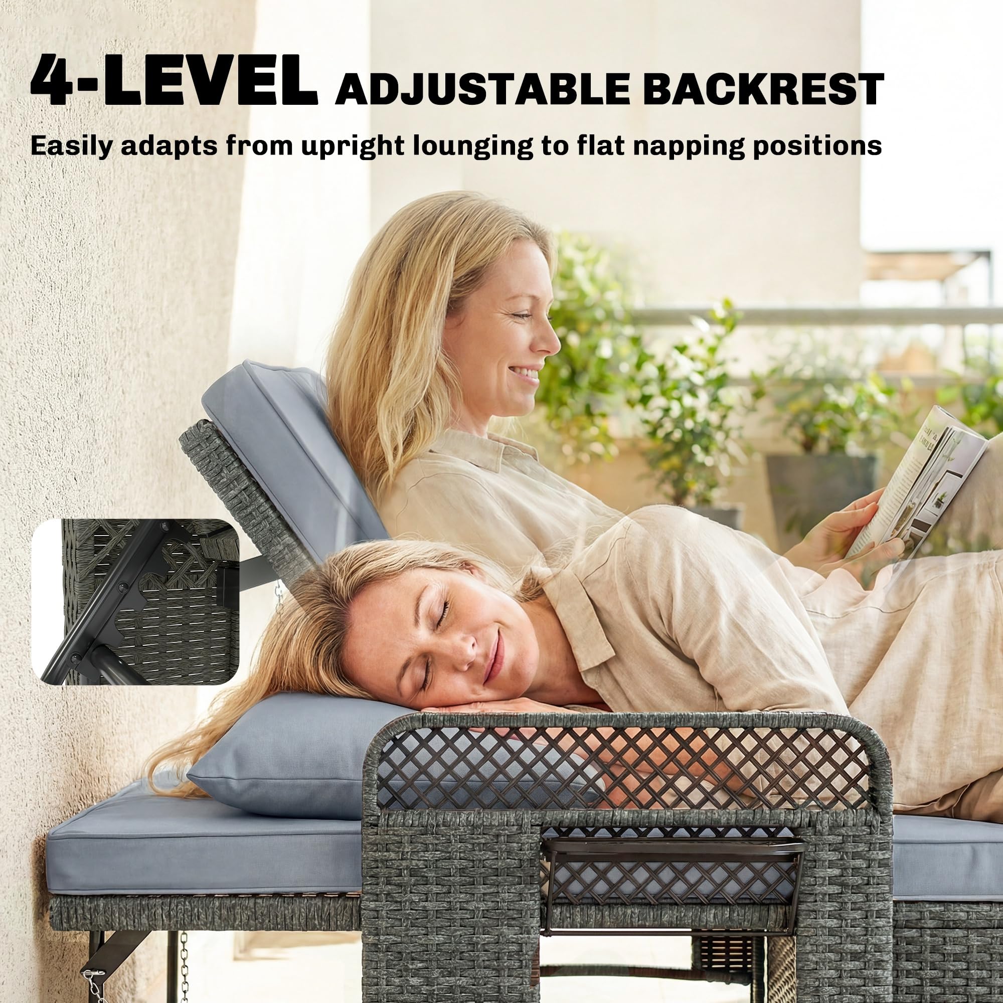 Outsunny 2 Pieces Patio Lounge Chair Set with Cushions, PE Wicker Outdoor Chaise Lounge with Adjustable Backrest, Side Trays and Storage Ottoman, Tanning Chair, Light Grey - 5