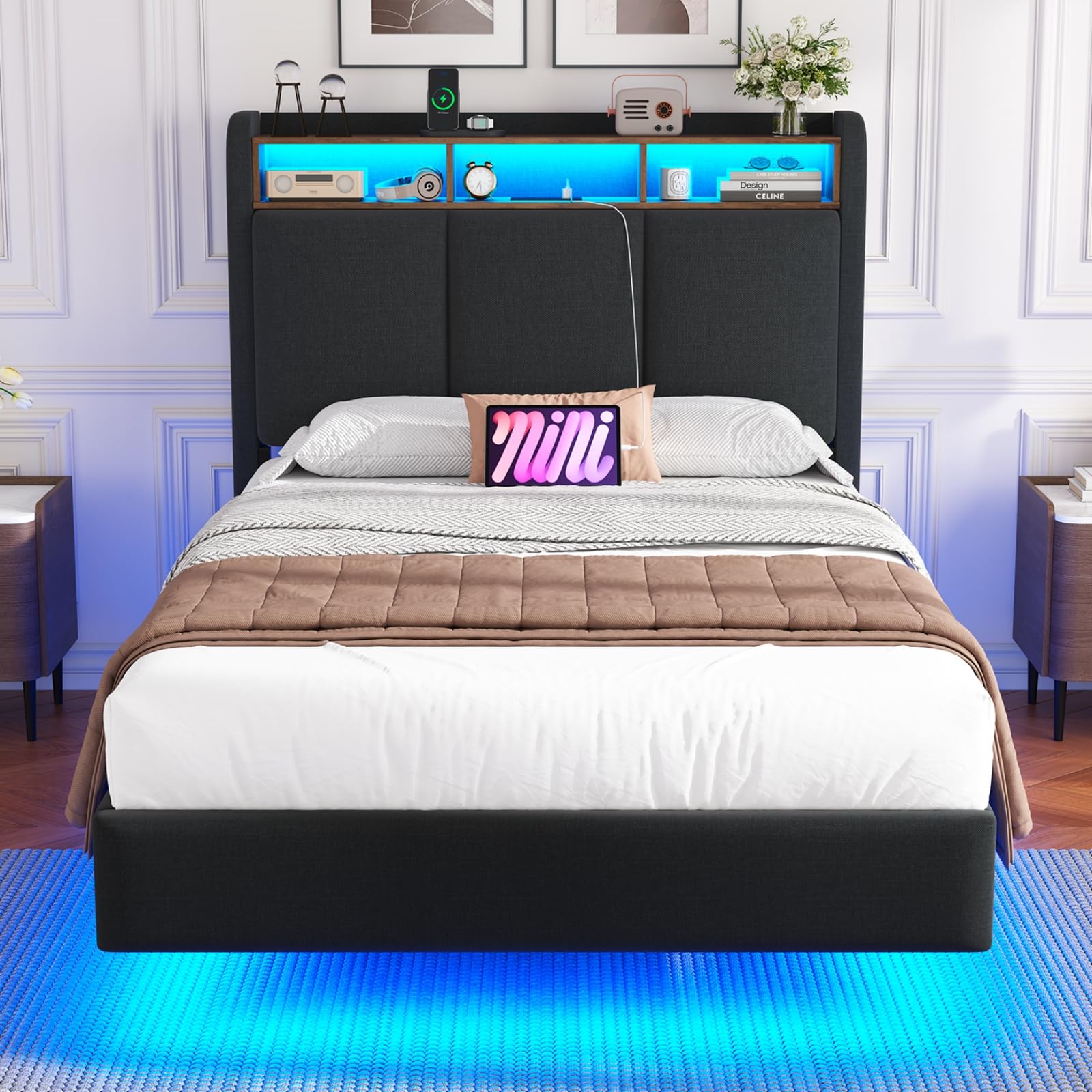 DICTAC Floating Single Bed Frame with Upholstered Storage Headboard, LED Lights & Charging Station (2 AC Sockets, 1 USB-A Port and 1 USB-C Port) 3ft Upholstered Single Bed with Solid Wood Slats, Grey â image 1