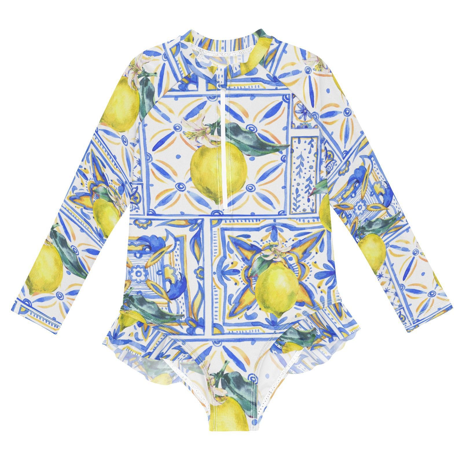 Ollabaky Baby Girls Long Sleeve Swimsuit Watercolor Lemon Yellow and Blue Print One Piece Bathing Suit Rash Guard UPF50+ Toddler Girl Swimwear, 3T