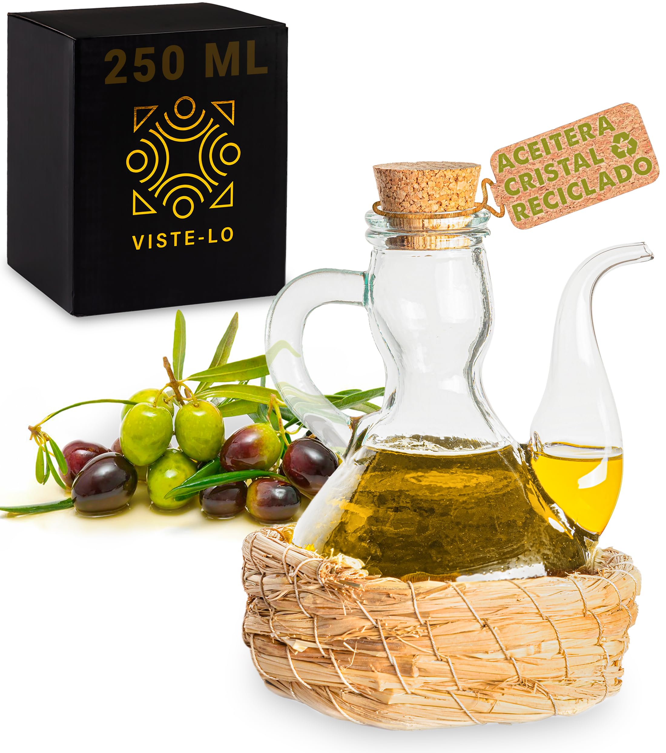 Aceitera de cristal de 250 ml con cesta y sistema antigoteo para cocina