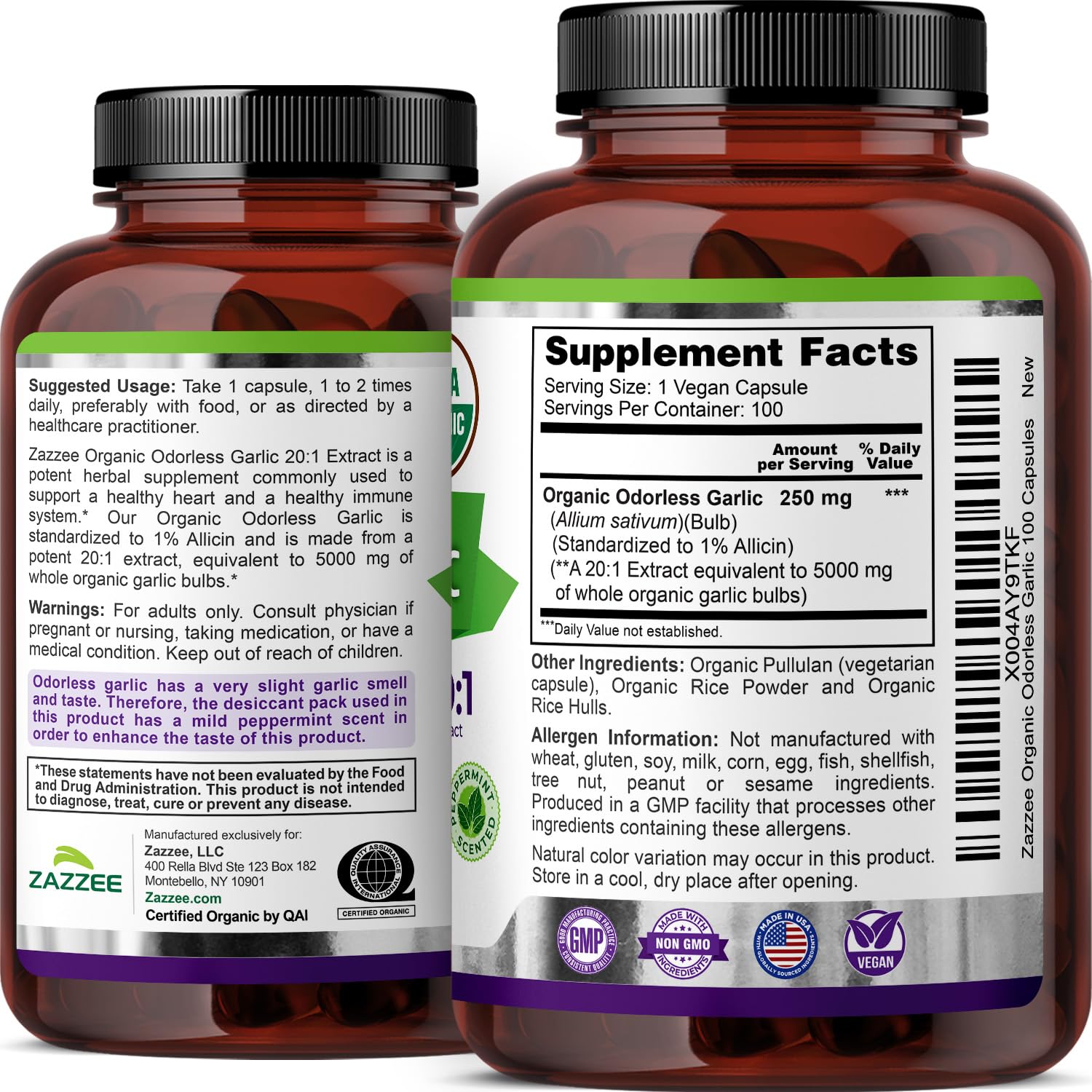 Zazzee USDA Organic Odorless Garlic 20:1 Extract, 1% Allicin, 100 Capsules — Amazon image 8