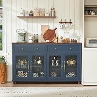 Vista 3 de Farmhouse Sideboard Buffet Cabinet with Storage,59" Large Credenza with 4 Glass Doors & 2 Drawers,Adjustable Shelves Console Table,Wood Kitchen