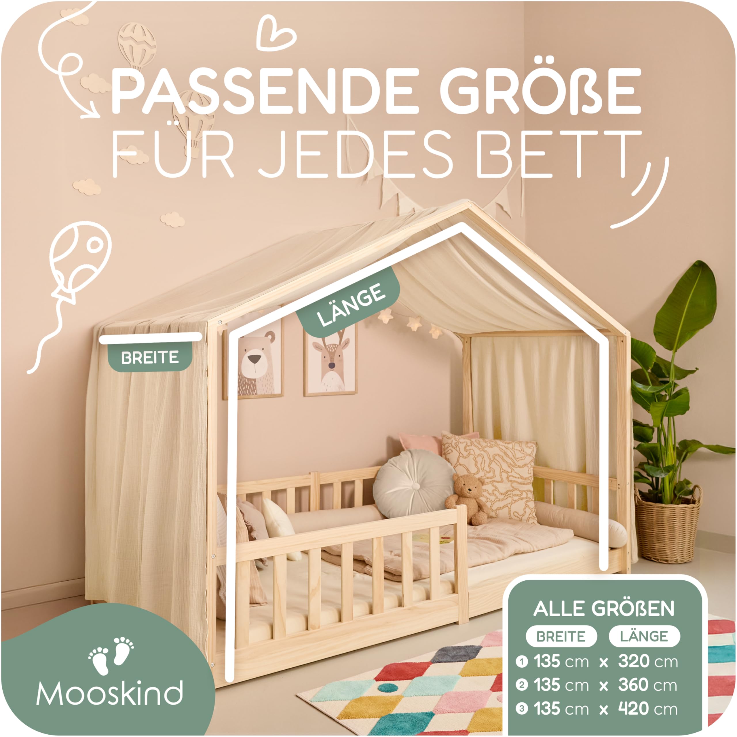 Hausbett Himmel – Aus weichem Musselin in 7 Farben – 100% Bio-Baumwolle – Traumhafte Hausbett Deko & Himmelbett Vorhänge – Made in Europe mit Liebe