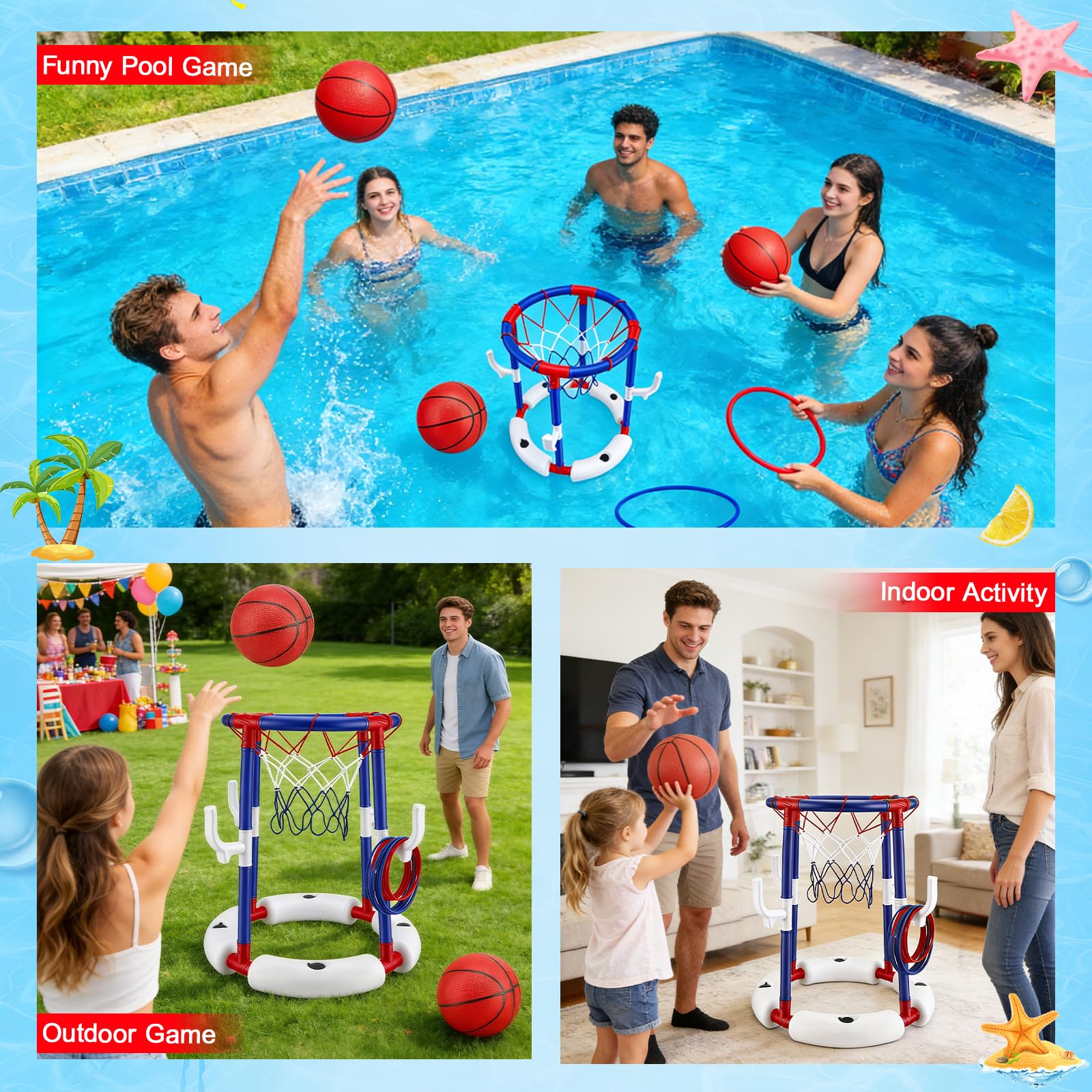 Canestro da Basket per Piscina Galleggiante Set con 4 Palline Gonfiabili e 12 Anelli da Lancio, Giochi Piscina Bambini, Struttura Stabile e Sicura, Gioco Acqua Estate per Famiglie, Ragazzi e Adulti