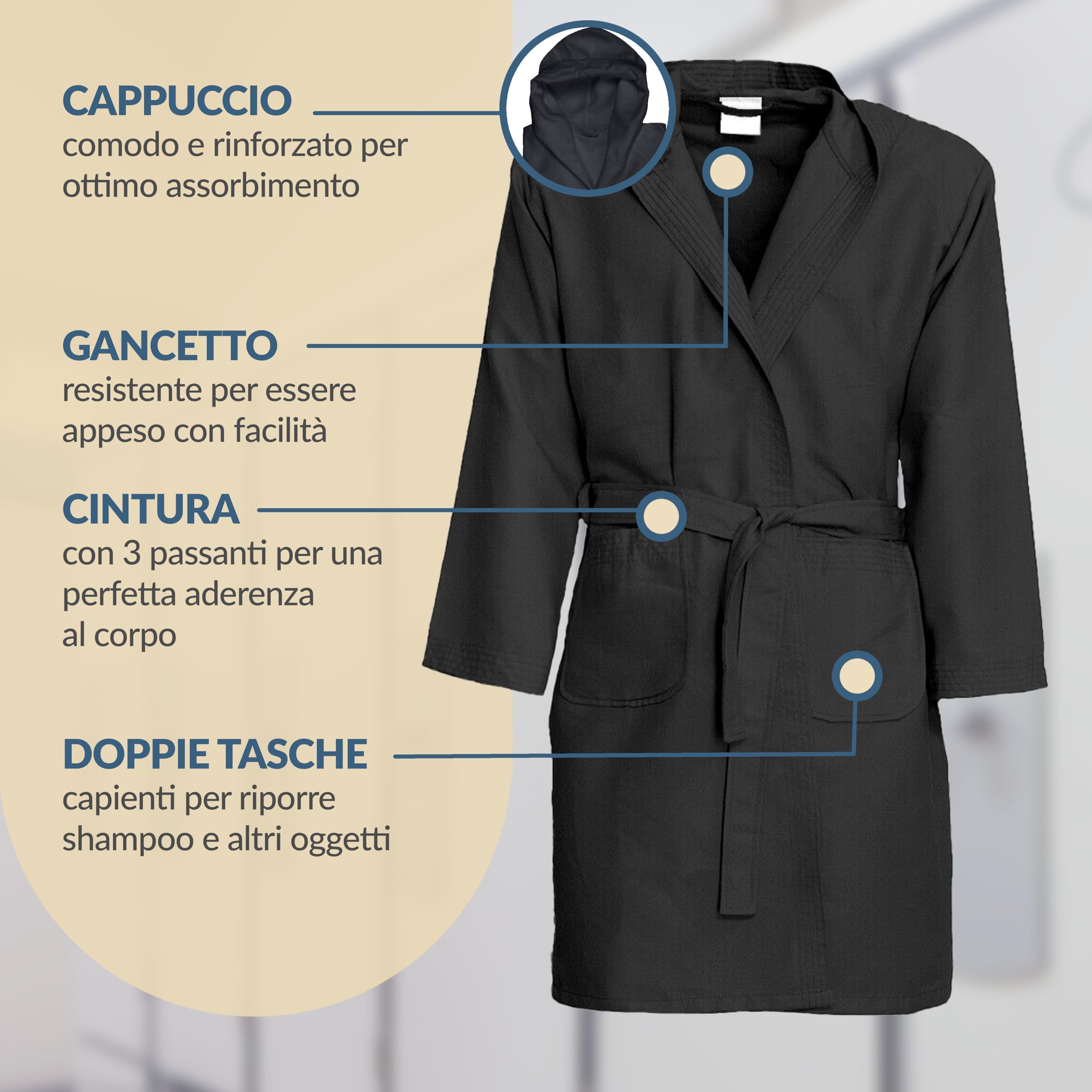 Dorian Home - Accappatoio Uomo e Donna in Microfibra Anallergico, Morbido, Leggero, Salvaspazio, Assorbente a Rapida Asciugatura con Cappuccio, Tasche, Cintura a Passanti e Gancio, Lavabile (no Stiro)