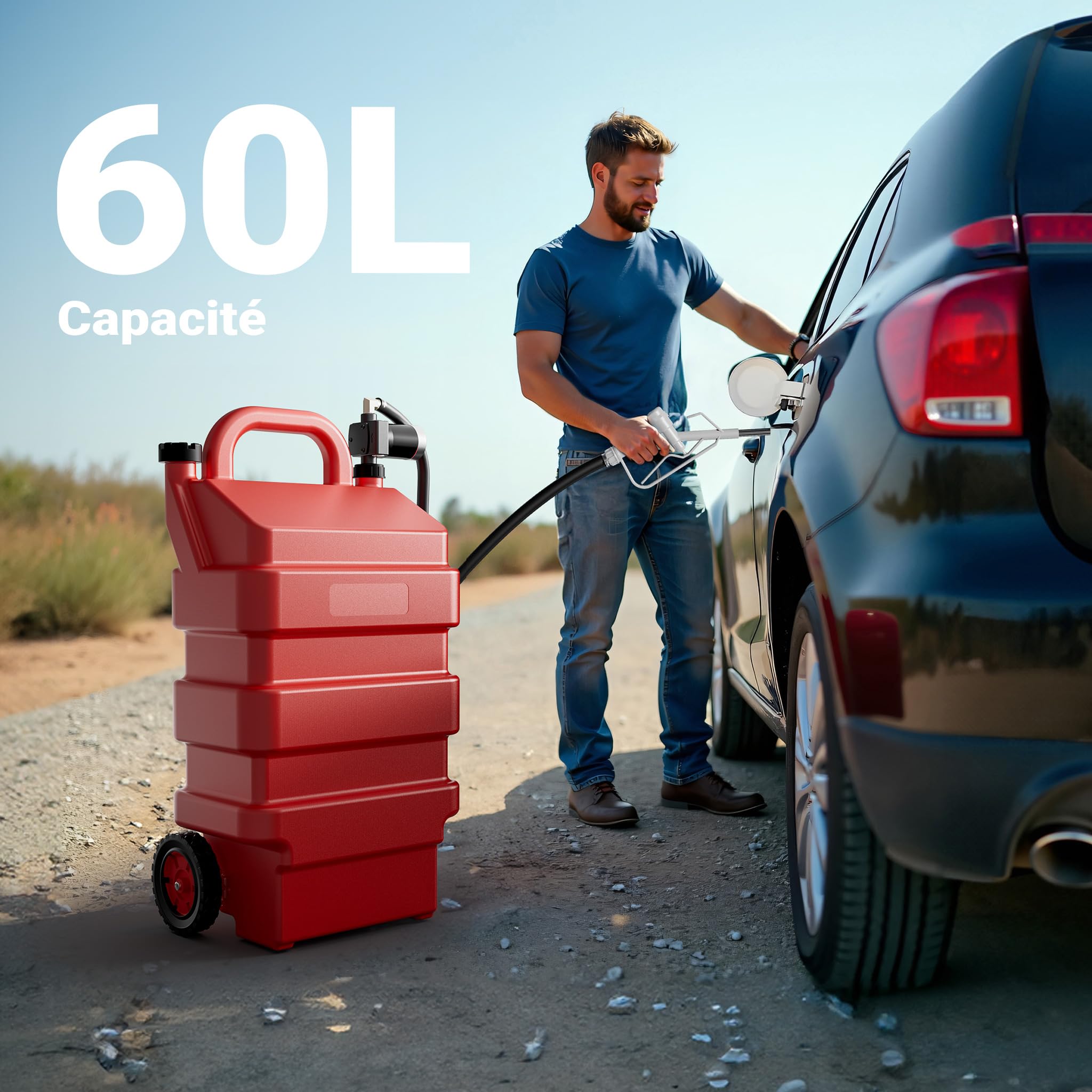 Wiltec Station de ravitaillement mobile 43x26x85cm Caddy ravitailleur 75W Capacité 60L Débit 14L/min Chariot Distributeur Carburant Bidon Jerrycan sur roues Industrie Jardin Station-service mobile