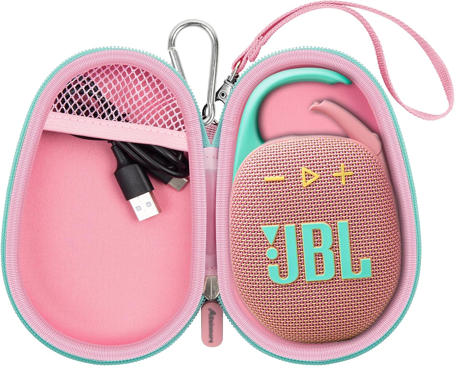 Protective Case Cover Bag for JBL Clip 5/4 Bluetooth Speaker, Portable Speakers Carrying Storage Organizer with Carabiner for Charger & Cable (Pink)