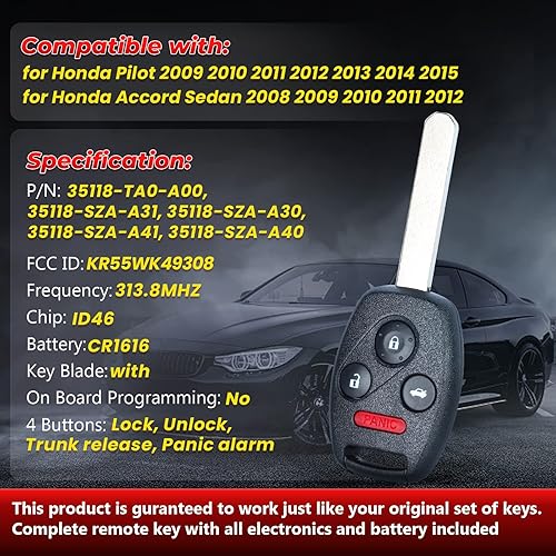 Miniatura 3 de Llavero de repuesto KR55WK49308 con control remoto para Honda Pilot 2009 2010 2011 2012 2013 2014 2015 | Accord Sedan 2008-2012 4 botones 313.8Mhz