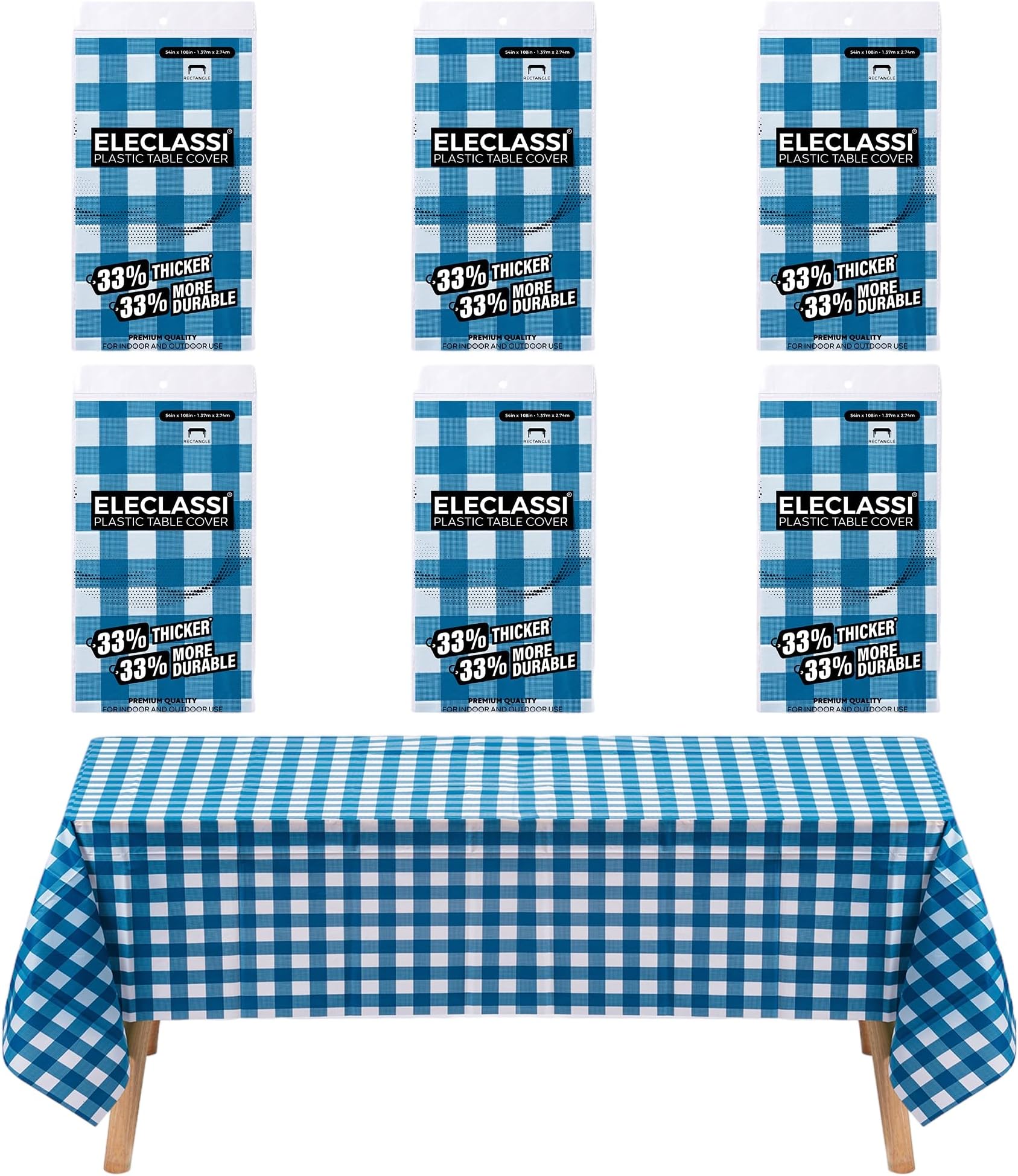 Eleclassi Blue Gingham Checkered 6 Pack Disposable Plastic Tablecloth 54 x 108 in - Plastic Table Cloths for Parties Disposable Tablecloth for 8 Ft Rectangle Table - Rectangle Tablecloth