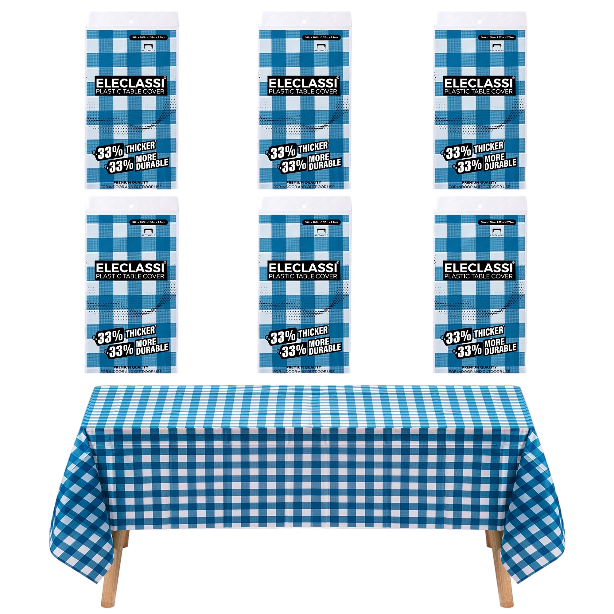 Eleclassi Blue Gingham Checkered 6 Pack Disposable Plastic Tablecloth 54 x 108 in - Plastic Table Cloths for Parties Disposable Tablecloth for 8 Ft Rectangle Table - Rectangle Tablecloth