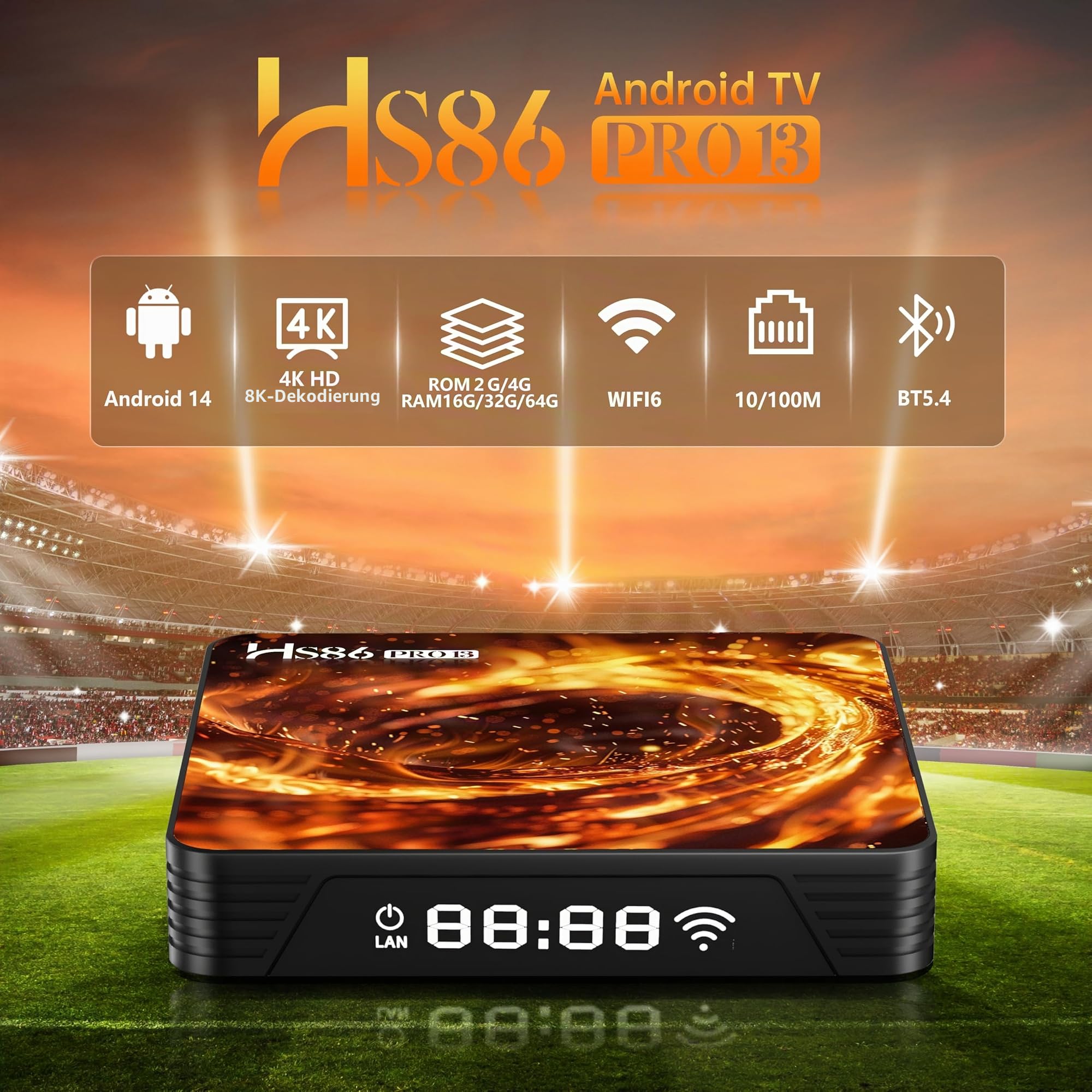 HS86 PRO13 TV Box Android 14.0, 2026 Neue Android Box RK3528 4 GB 64 GB Unterstützt 4K 8K 2,4/5,8 GHz Dualband WiFi6 HDR10+ 100M Ethernet BT5.0 Internet TV Box Smart mit Bluetooth-Sprachfernbedienung