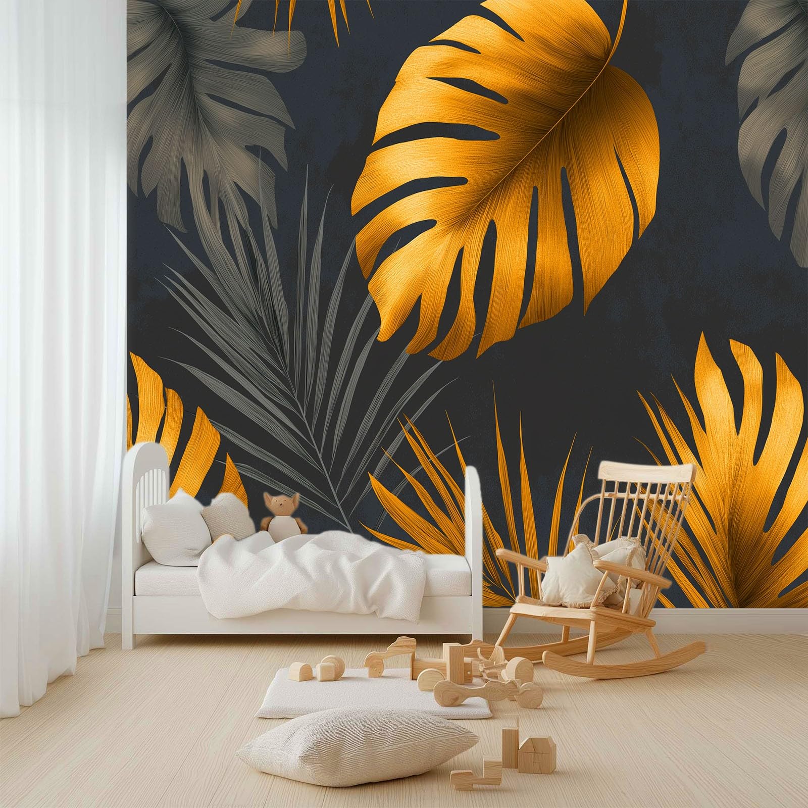 Tapeta panoramiczna, plakat 350 x 256 cm (szer. x wys.), tapeta z włókniny, dekoracja ścienna, minimalistyczny, botaniczny, złota monstera – dla dziewcząt, chłopców, do sypialni i salonu (ciemnoszara)