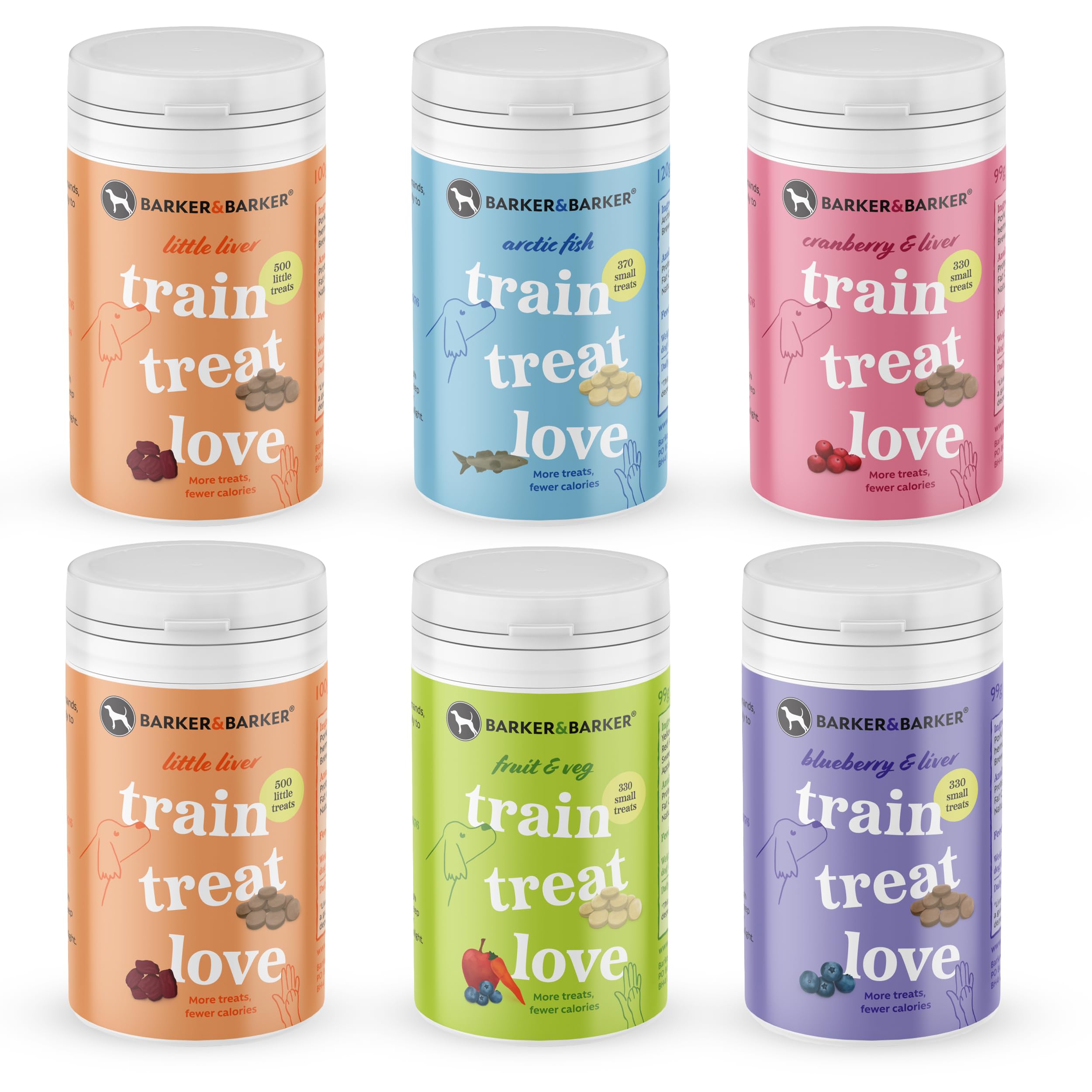 Barker and Barker Grain Free Dog Training Treats Multi Pack - 6 Pots of Small Treats | Low Calorie, High in Protein & B Vitamins | No Artificials - 100% Human-Grade for Puppies & Small Breed Dogs