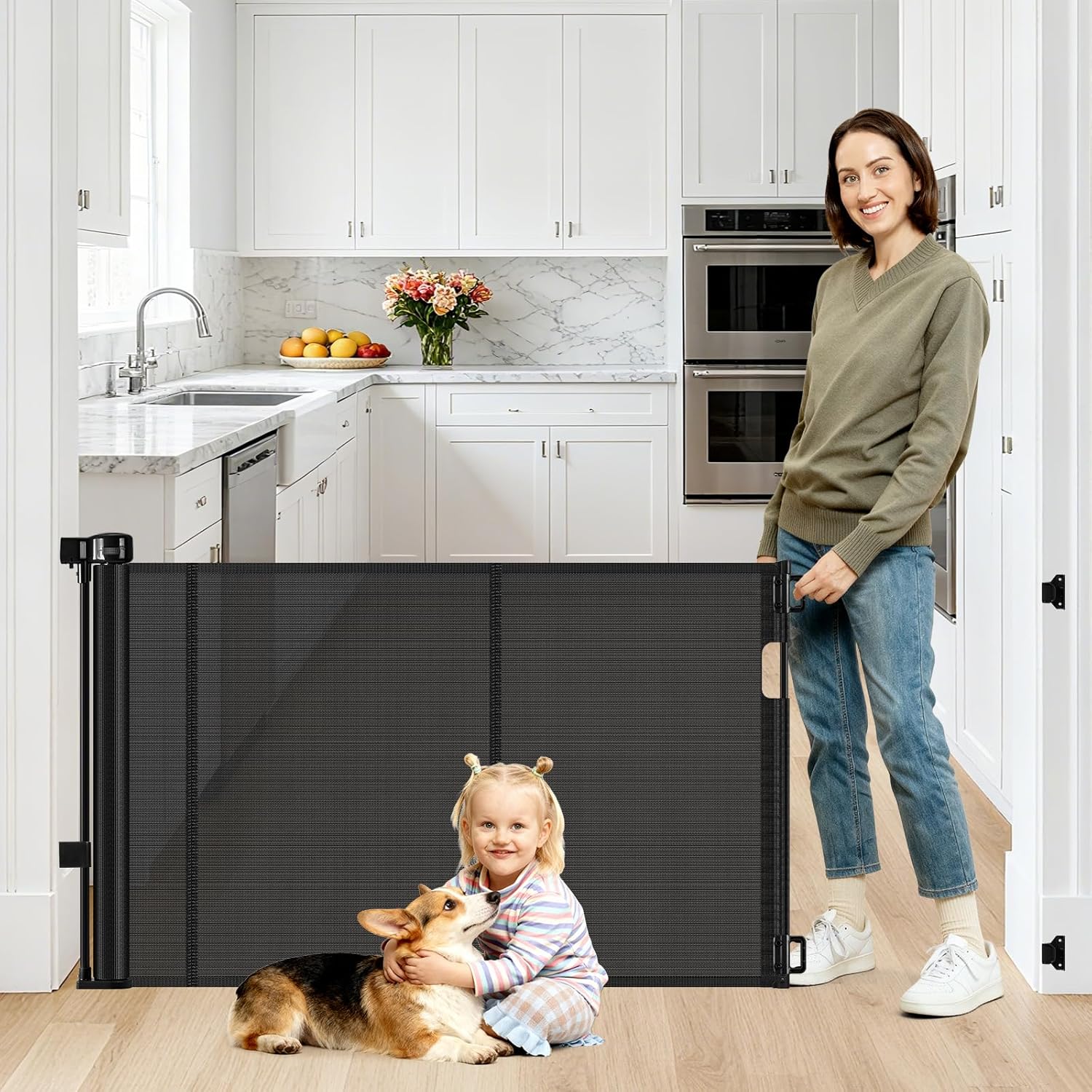 2 Pack Reinforced 55" Wide Retractable Baby Gates with Reinforced Strips, Indoor/Outdoor Retractable Dog Gate for Doorway Prevent Bottom Drilling Through, No Bottom Bar Safety Mesh Baby Gate for Stair
