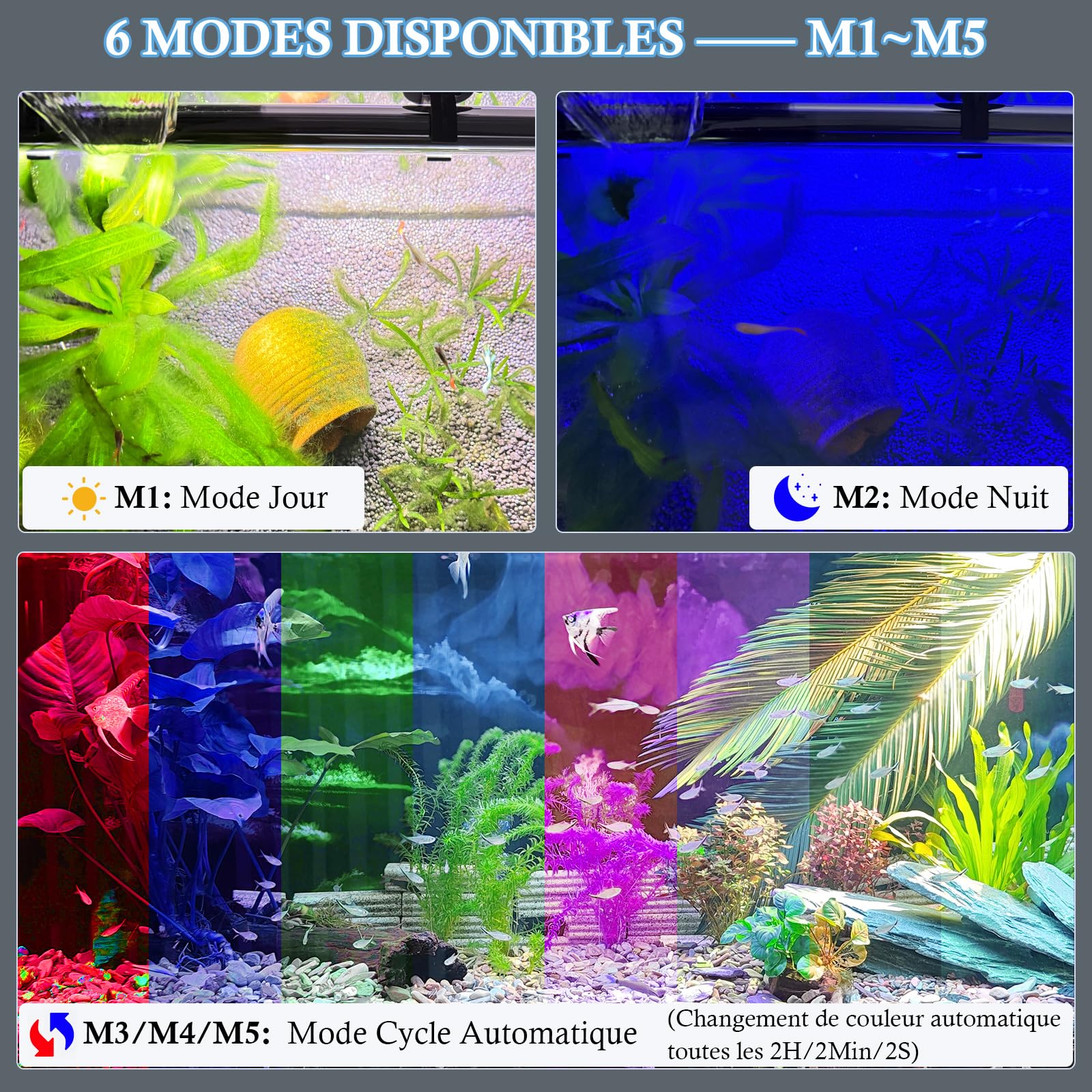 Rampe LED Aquarium 58cm, Éclairage RGBW Spectre Complet IP68 Étanche, Minuterie & Régulation de Luminosité, Ajustement de Couleur 24/7