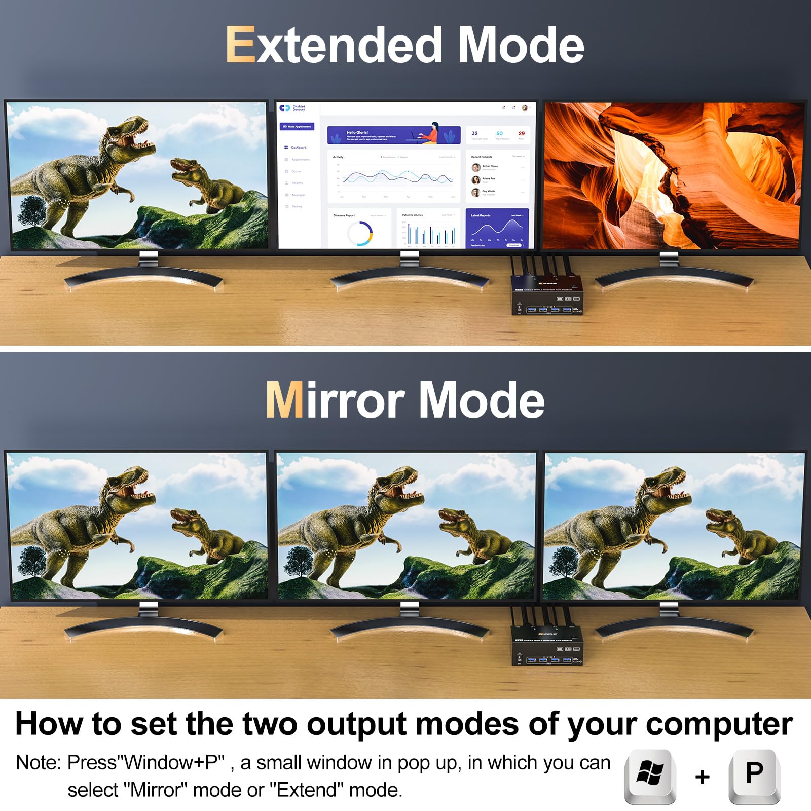KVM Switch 2 PC 3 monitory 8K 60 Hz 4K 144 Hz, potrójne monitory, 2 HDMI + DisplayPort, przełączniki KVM z 4 portami USB 3.0, przewodowym pilotem zdalnego sterowania i 2 kablami USB