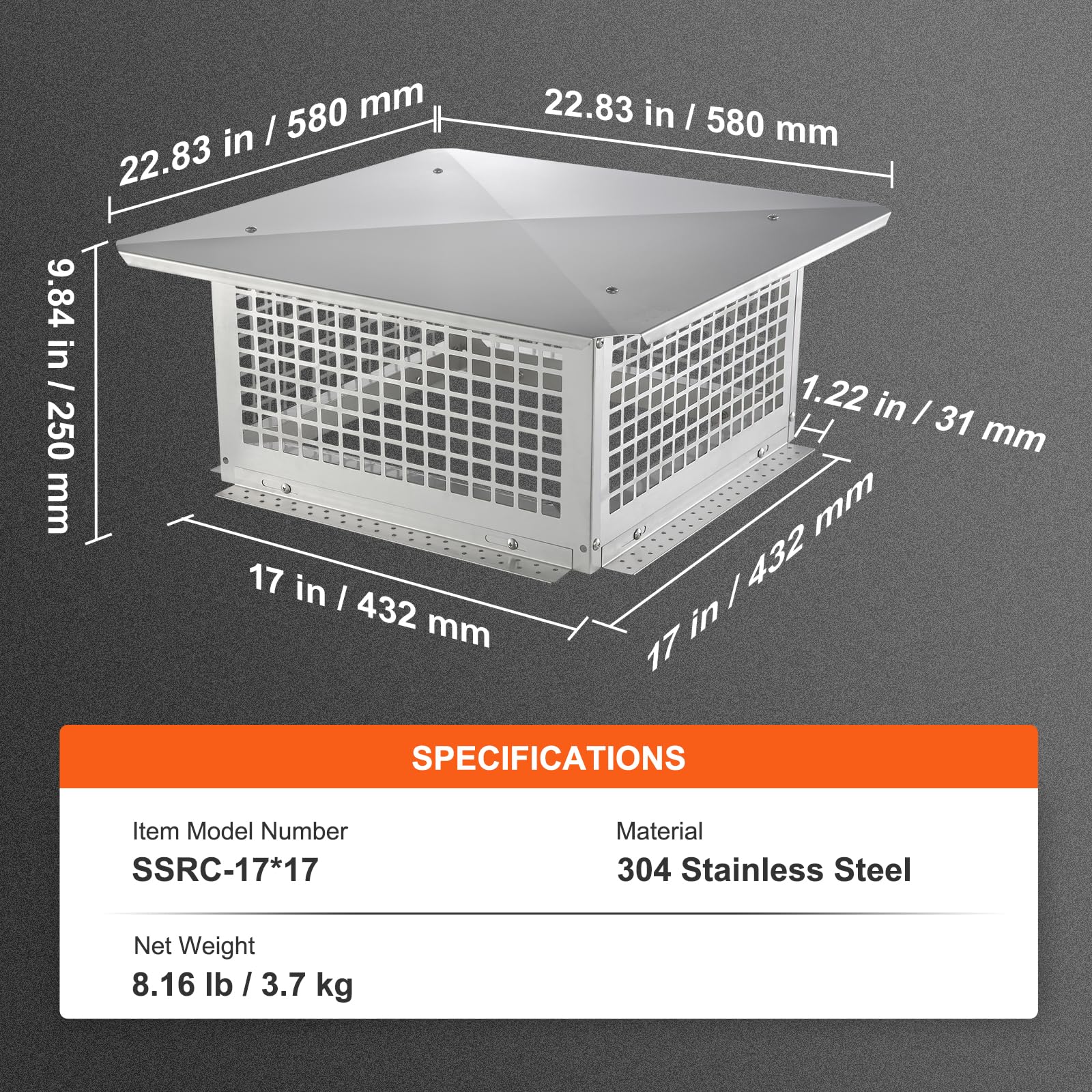 VEVOR Chapeau de Cheminée 432x432 mm Chapeau de Conduit Cheminée Base Carrée Acier Inoxydable 304 Couvercle Bouchon Protection Anti-Oiseaux Pare-Vent avec Accessoires pour Différents Types Cheminées