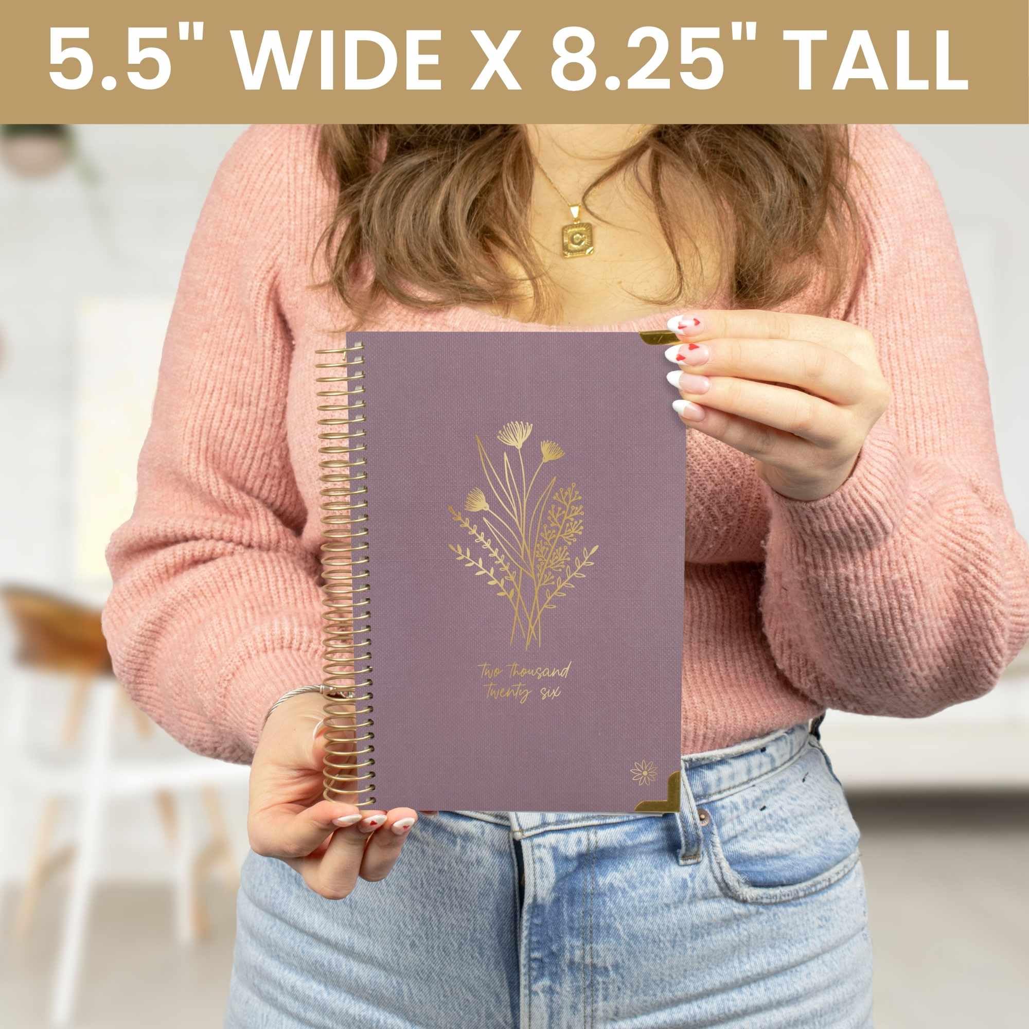 bloom daily planners HARDCOVER Planer 2026 (od stycznia do grudnia) - organizer do celów zadań A5, miesięczny i tygodniowy inspirujący plan, 14 cm x 21 cm, len, fioletowy