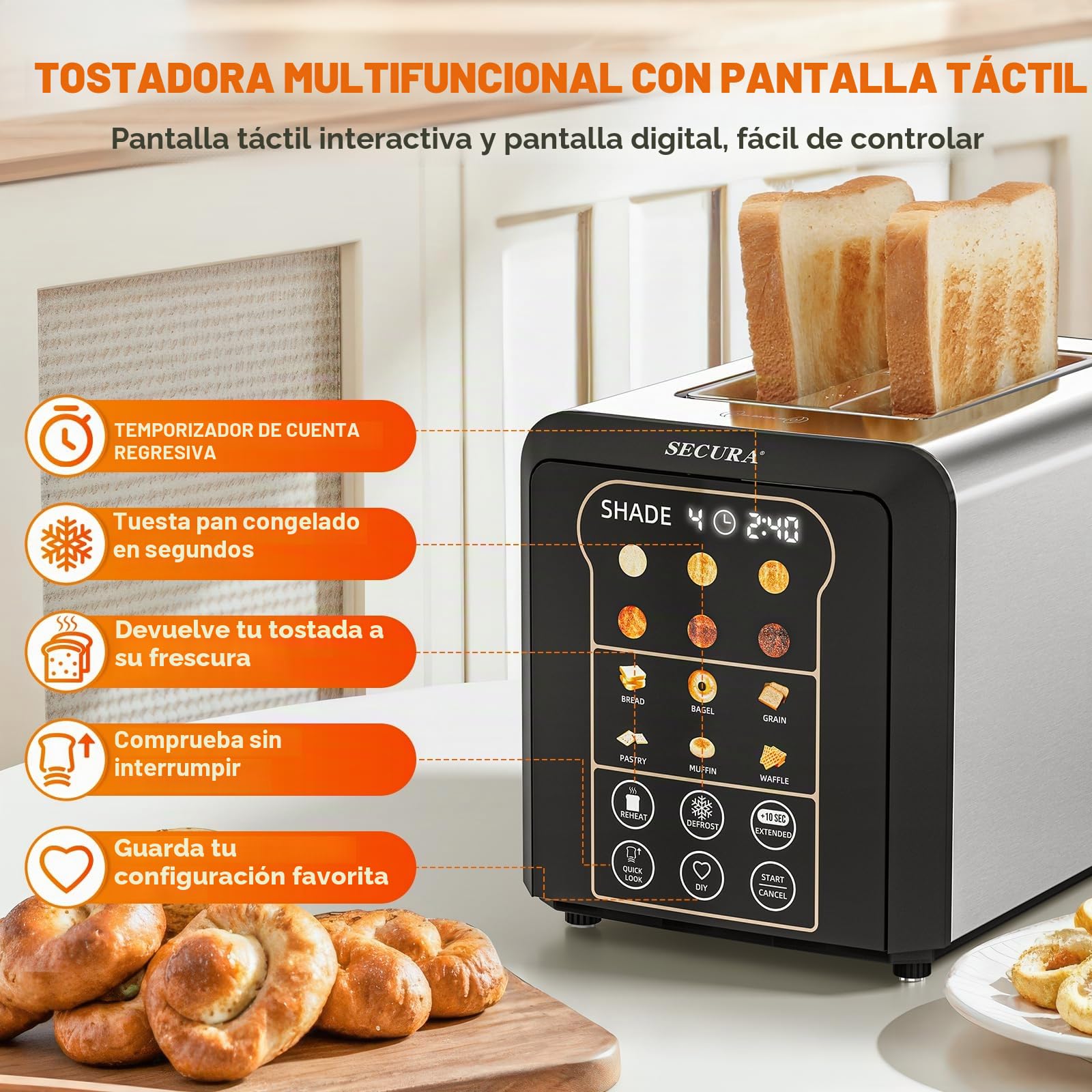 Secura tostador inteligente de 2 rebanadas con visualización táctil de elevación y bajada automática, cuenta regresiva digital, ranuras anchas para tostar paneles, panes, gofres y más 6 niveles de