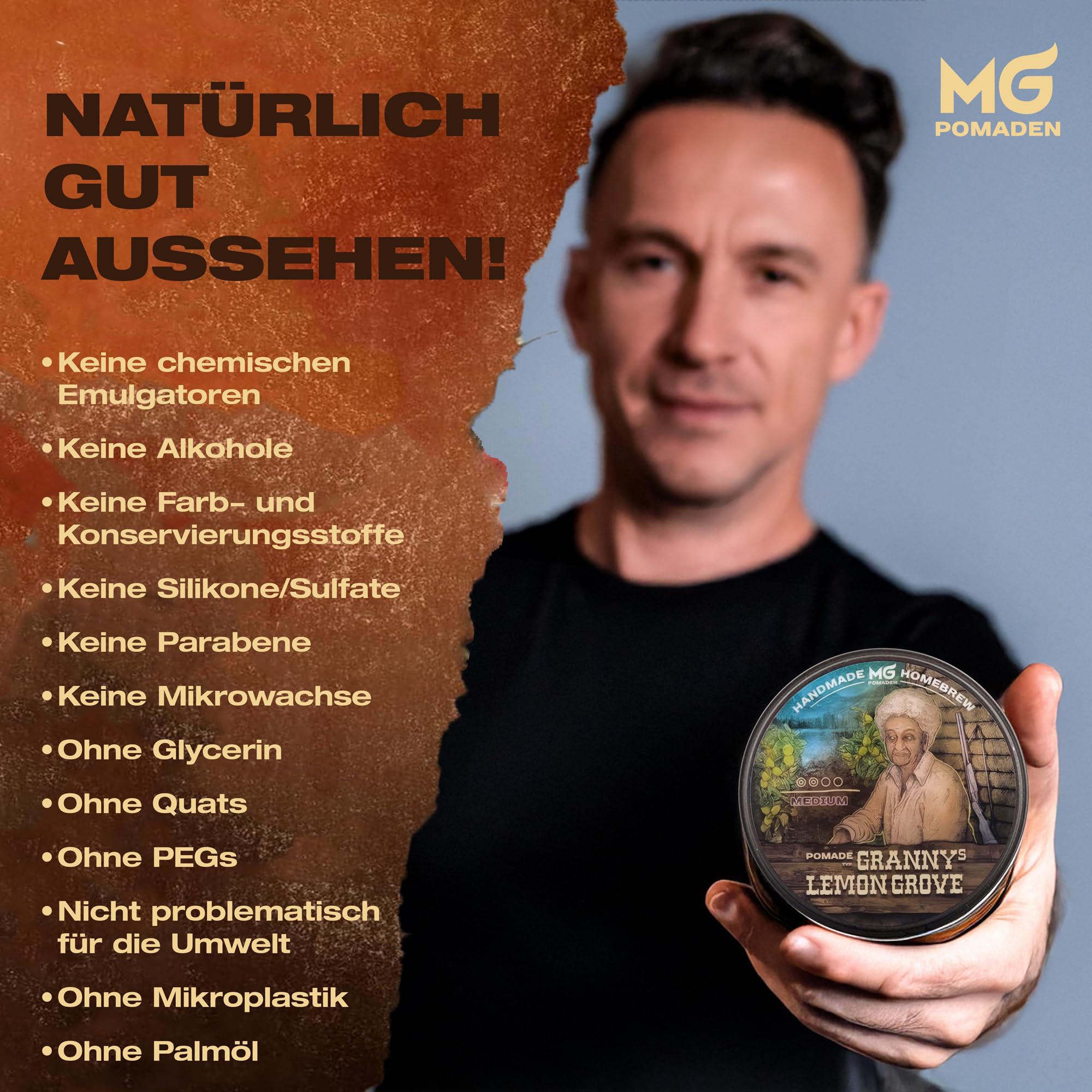MG Pomade GRANNY’S LEMON GROVE – Pomade huileuse brillante – Tenue moyenne – Cire coiffante naturelle cheveux homme femme – Finition brillante, coiffage classique - parfum citron frais