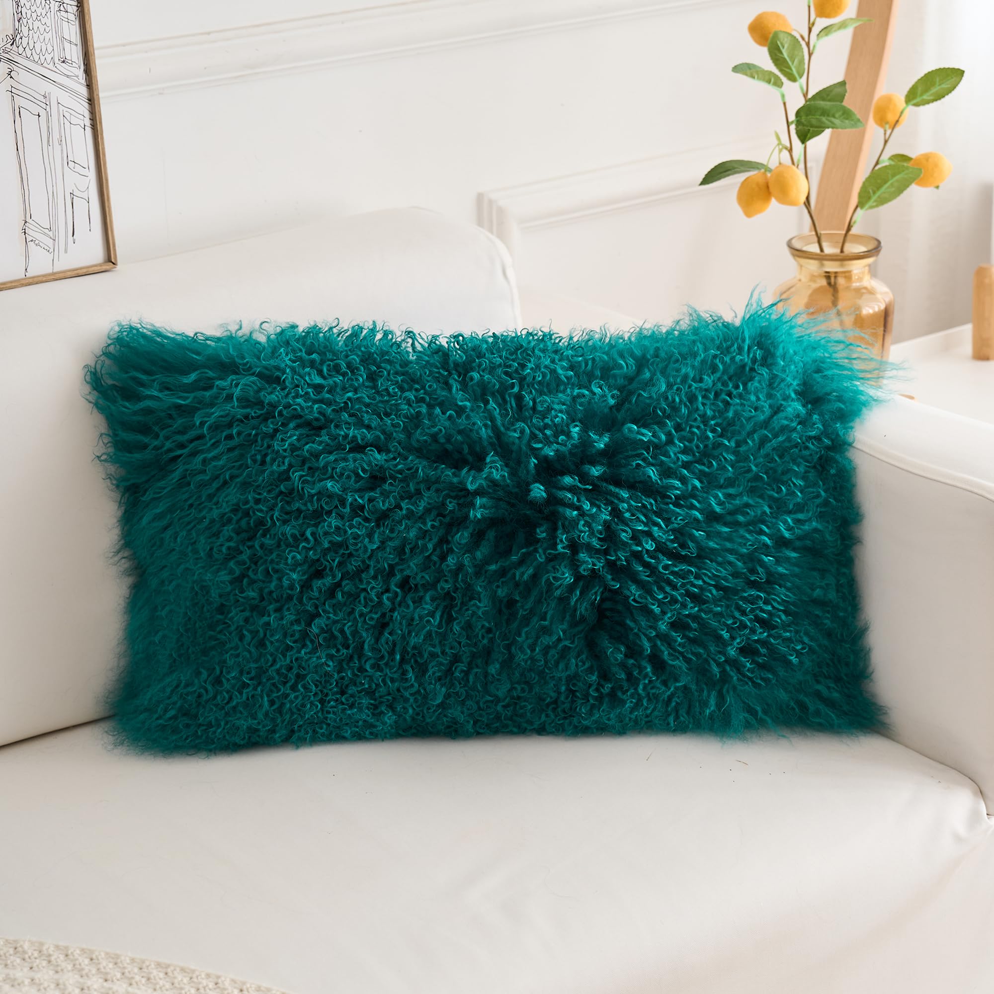 Generisch Luxus Lammfellkissen Handgefertigt aus Tibet & Mongolei – 30x50 cm Ethnisches Design | Sofakissen, Ultraweicher Wohnaccessoire für Schlafzimmer & Wohnzimmer (Blaugrün)