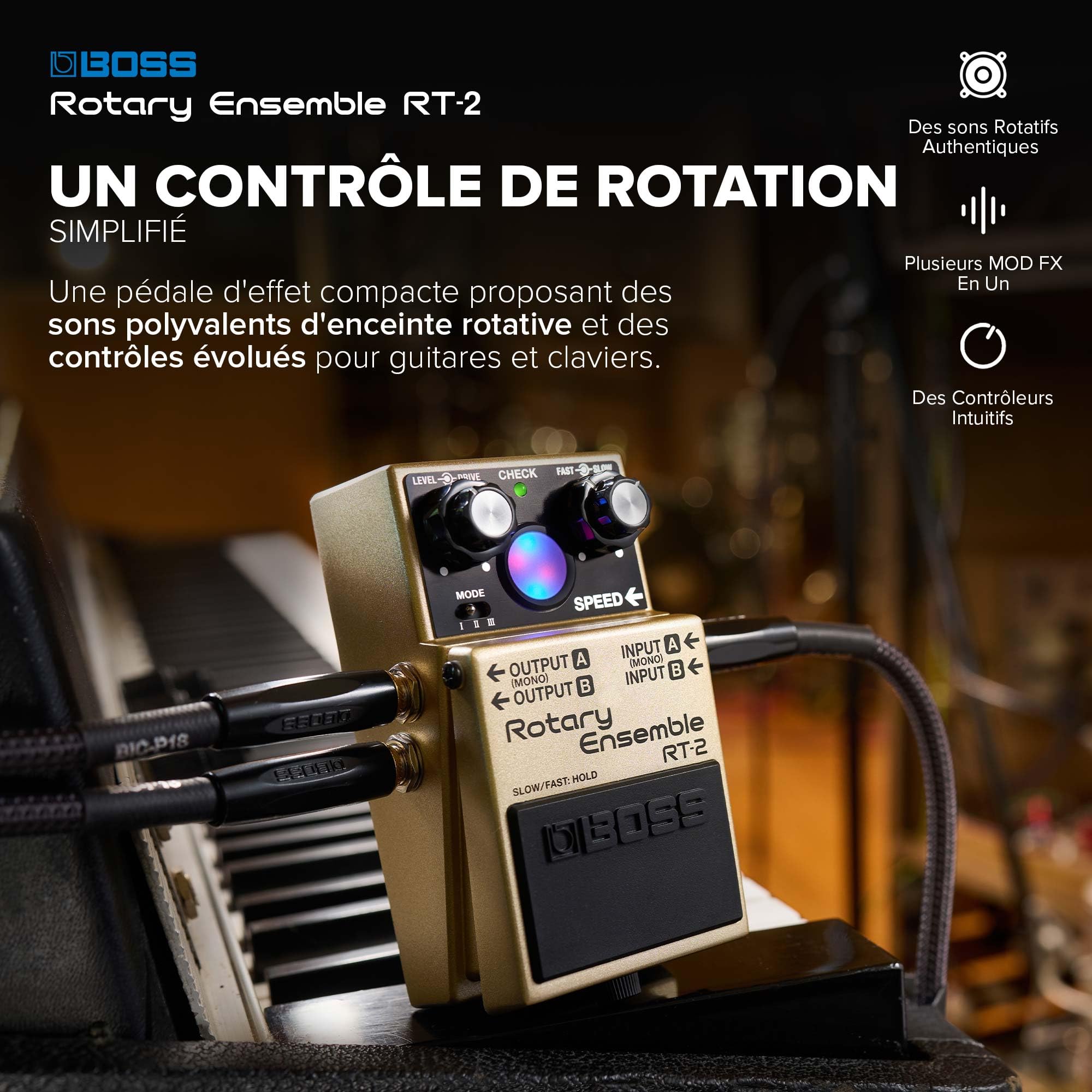 BOSS RT-2 | Pédale compacte Rotary Ensemble | Des sons authentiques d'enceinte rotative | Réglés pour les guitares et les claviers | 3 modes polyvalents | Plusieurs Mod FX en un