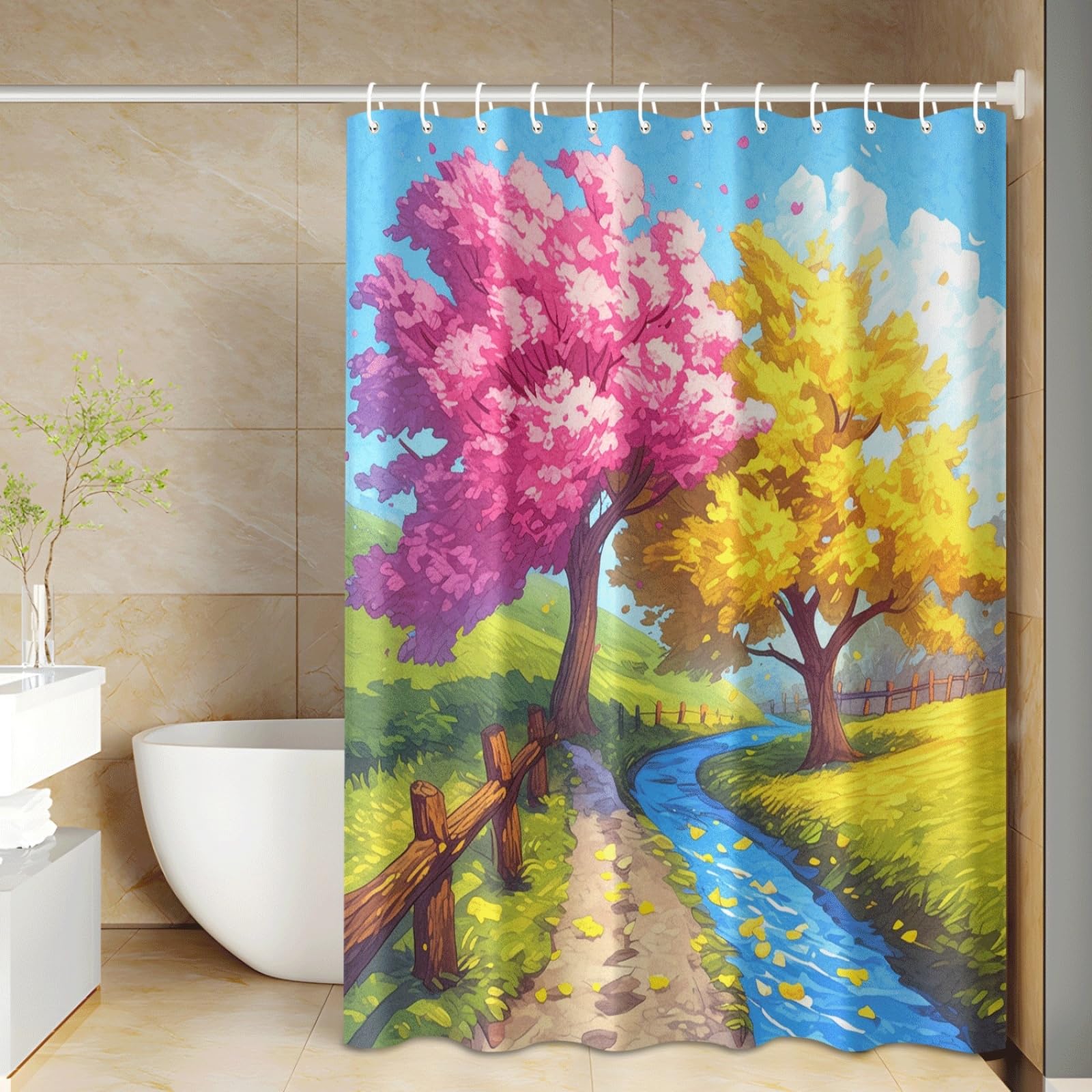 Tenda Doccia Alberi Gialli Rosa Tenda Doccia Antimuffa Impermeabile Poliestere Lavabile con 12 Ganci Facile da Installare Tende Finestra Bagno per Dormitorio Hotel(180x220cm)