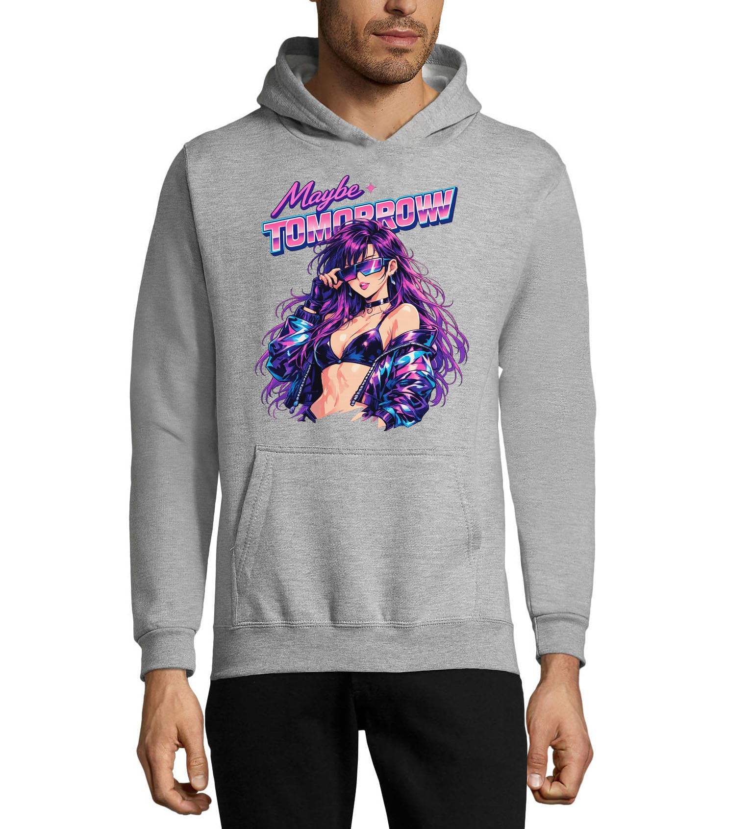 Futurystyczna kobieta w neonowym stylu unisex mieszanka bawełny bluza z kapturem bluza z kapturem szara