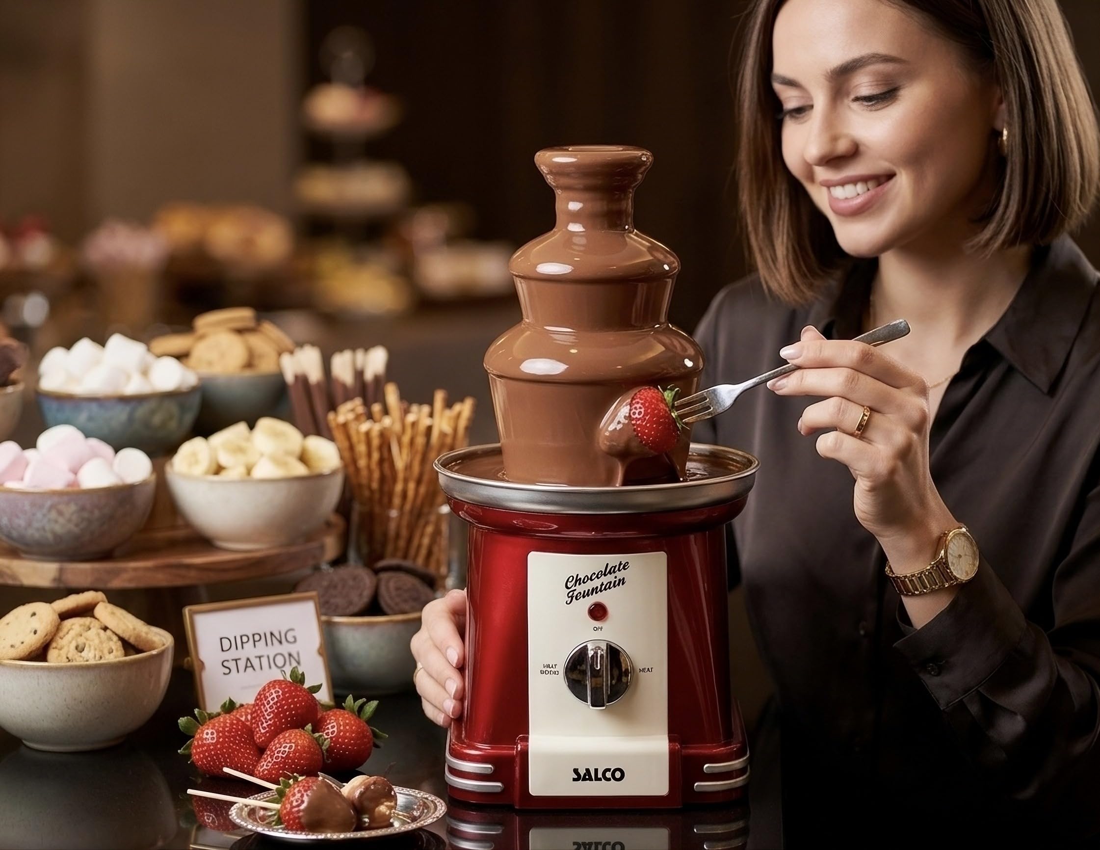 Salco Schokobrunnen | 3-stufiger Chocolate Fountain | Retro-Style | Edelstahl | Mit Wendelschnecke | 90 Watt | Perfekt für Früchte, Kekse & mehr | Leichte Reinigung | Metallic-Rot