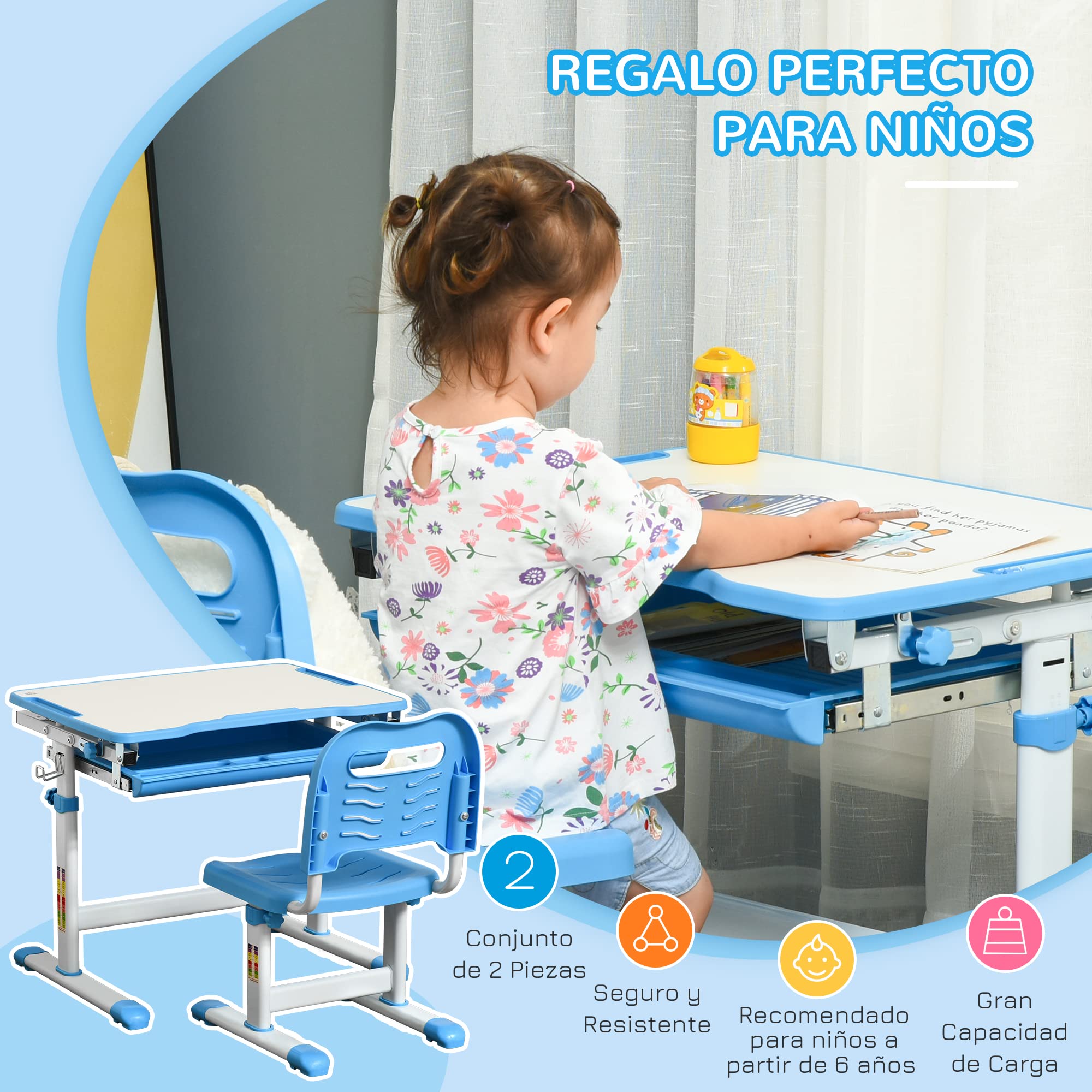 HOMCOM Pupitre Infantil 2 en 1 Juego de Escritorio y Silla para Niños de +6 Años con Altura Ajustable Mesa Regulable en Ángulo y Bandeja Deslizante 66x47x77 cm Azul