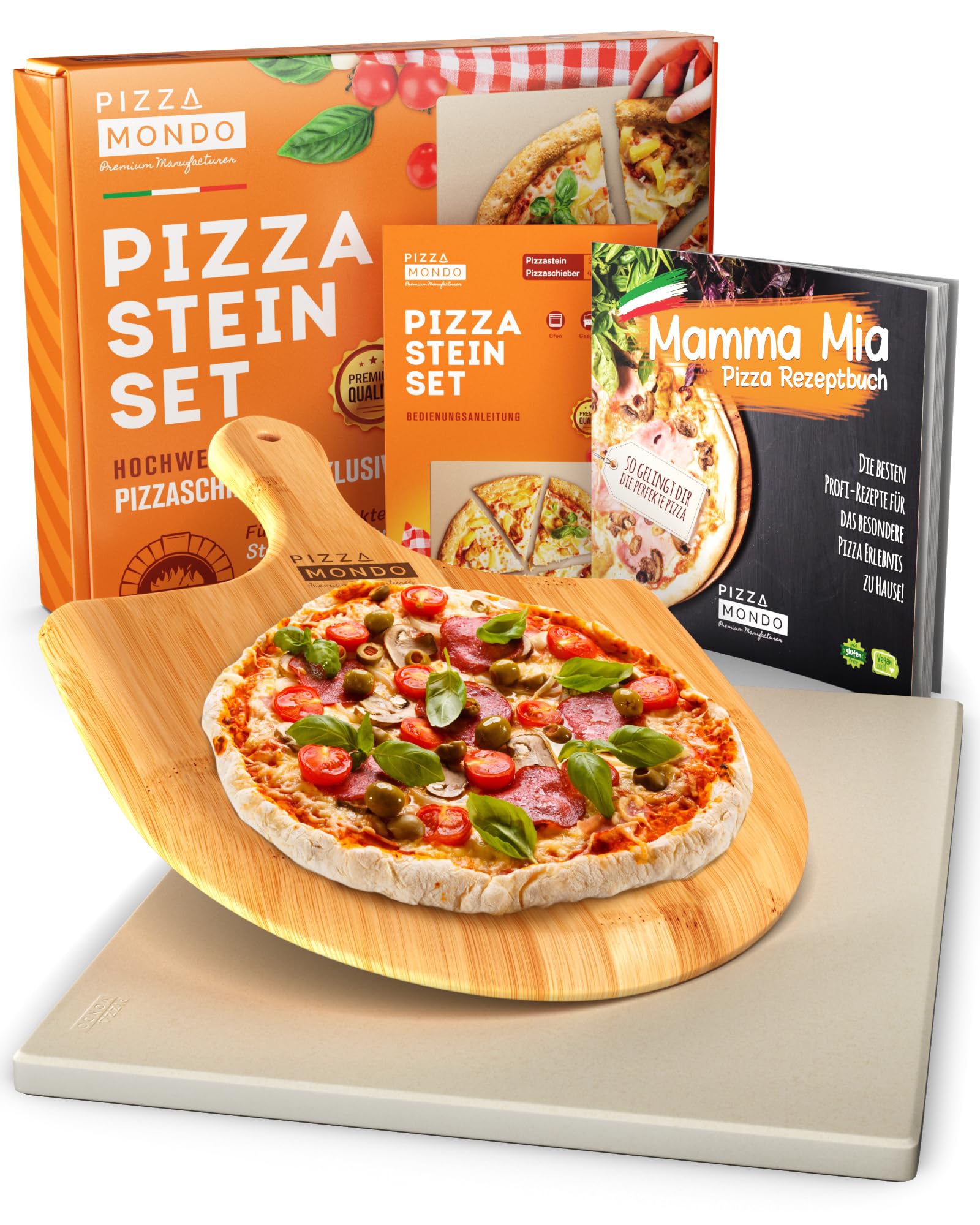Auténtica piedra para pizza de 38 x 30 cm para horno, parrilla y parrilla de gas hasta 900 °C (juego con pala para pizza y libro de recetas) – Experiencia original de horno de piedra italiano gracias