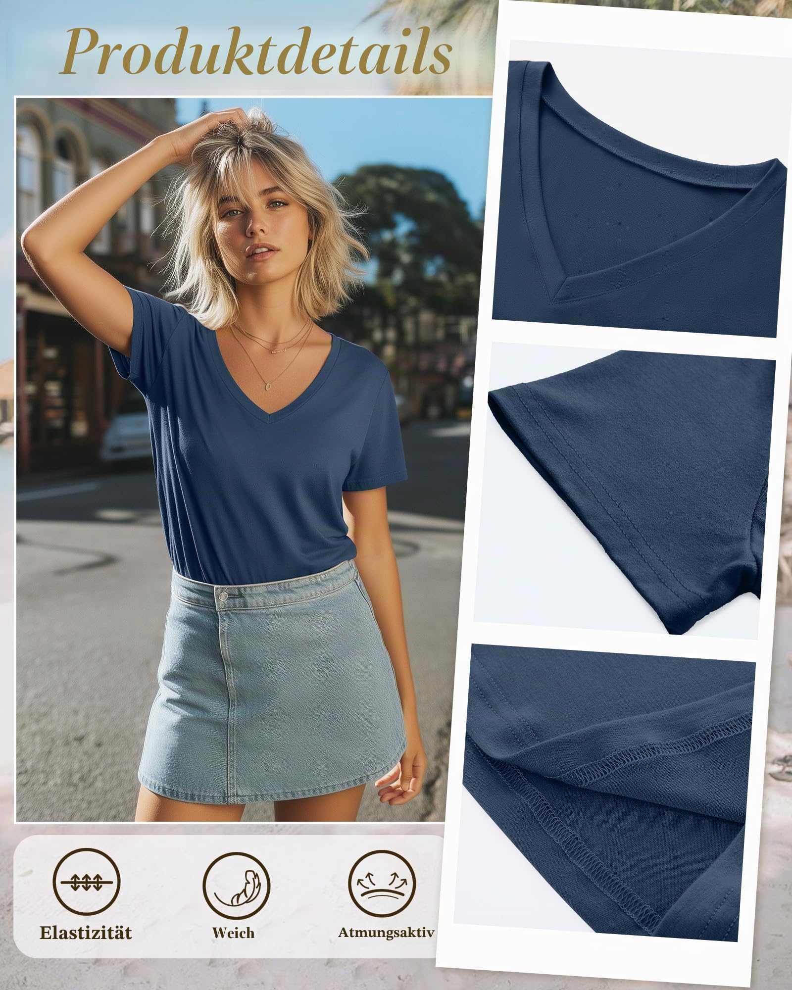 Neer 4er Pack Damen T-Shirts V-Ausschnitt Kurzarm Sommer Casual Tops Lockere Passform Gerader Saum Basic