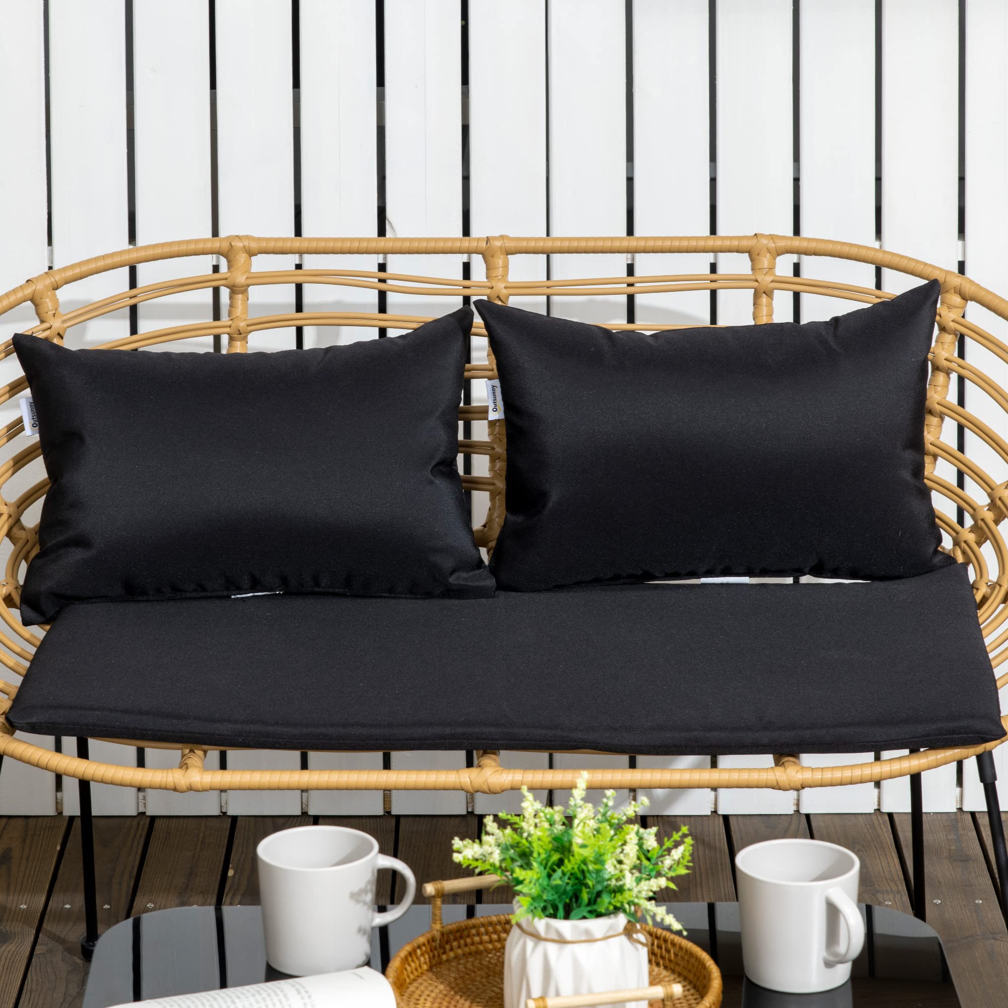 Outsunny Conjunto de Jardín Exterior de Ratán Sintético de 4 Piezas Muebles de Jardín Exterior Incluye 1 Sofá Doble 2 Sillones y Mesa de Vidrio con Cojines Natural y Negro