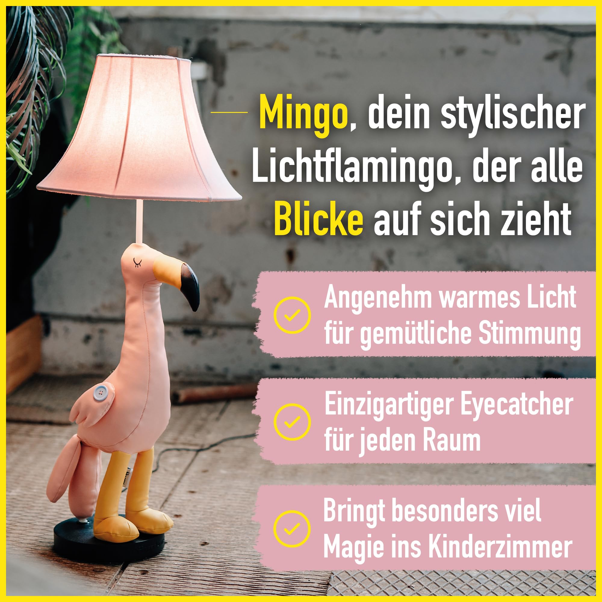 Happy Lamps for smiling eyes Mingo Flamingo LED-Tischleuchte, 77 cm hoch, Dekoleuchte, veganes Leder, Handarbeit, hochwertige Tischlampe, top Qualität