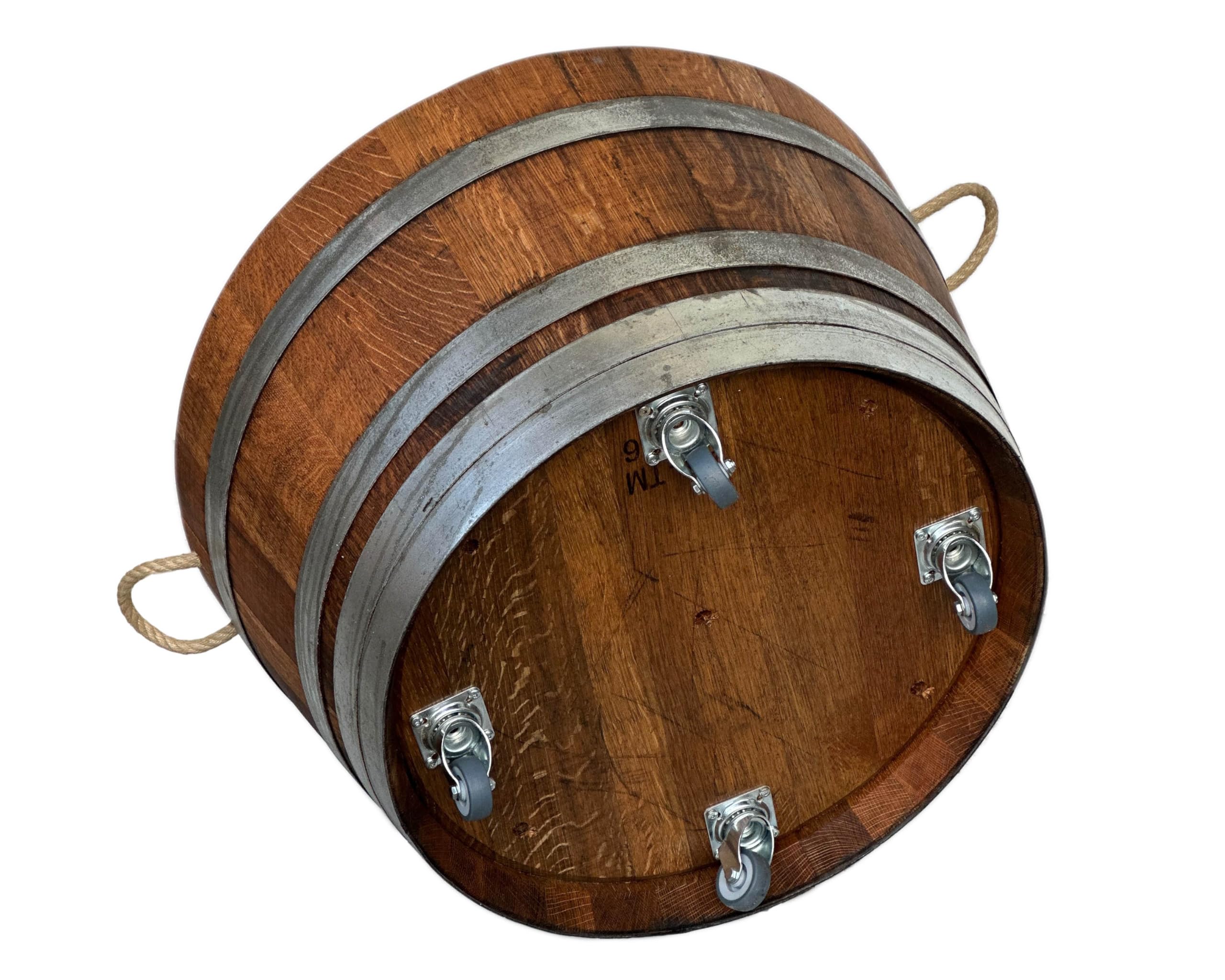 Temesso Holzfass als Pflanzkübel, Weinfass halbiert geölt (D70 cm) (Schlaufen + Rollen + Bohrungen)