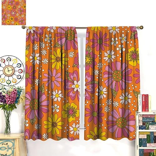 Miniatura 3 de Cortinas florales retro de los años 70, estilo hippie de verano naranja, estampado de flores, decoración con bolsillo para barra, cortinas de