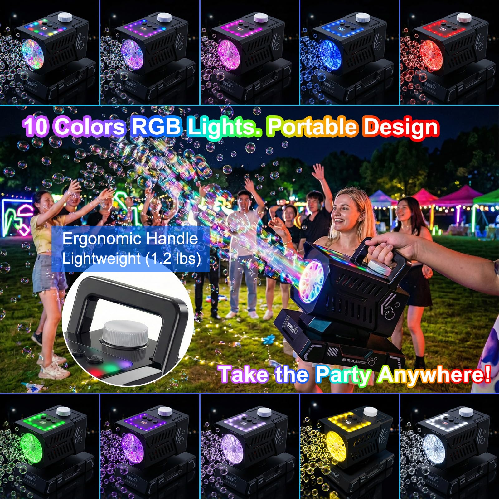 Blasenmaschine für Kinder, wiederaufladbarer Seifenblasenhersteller mit Fernbedienung und RGB-Lichtern, automatischer rotierender Akku-Blasenbläser für Geburtstagsfeiern, Hochzeiten