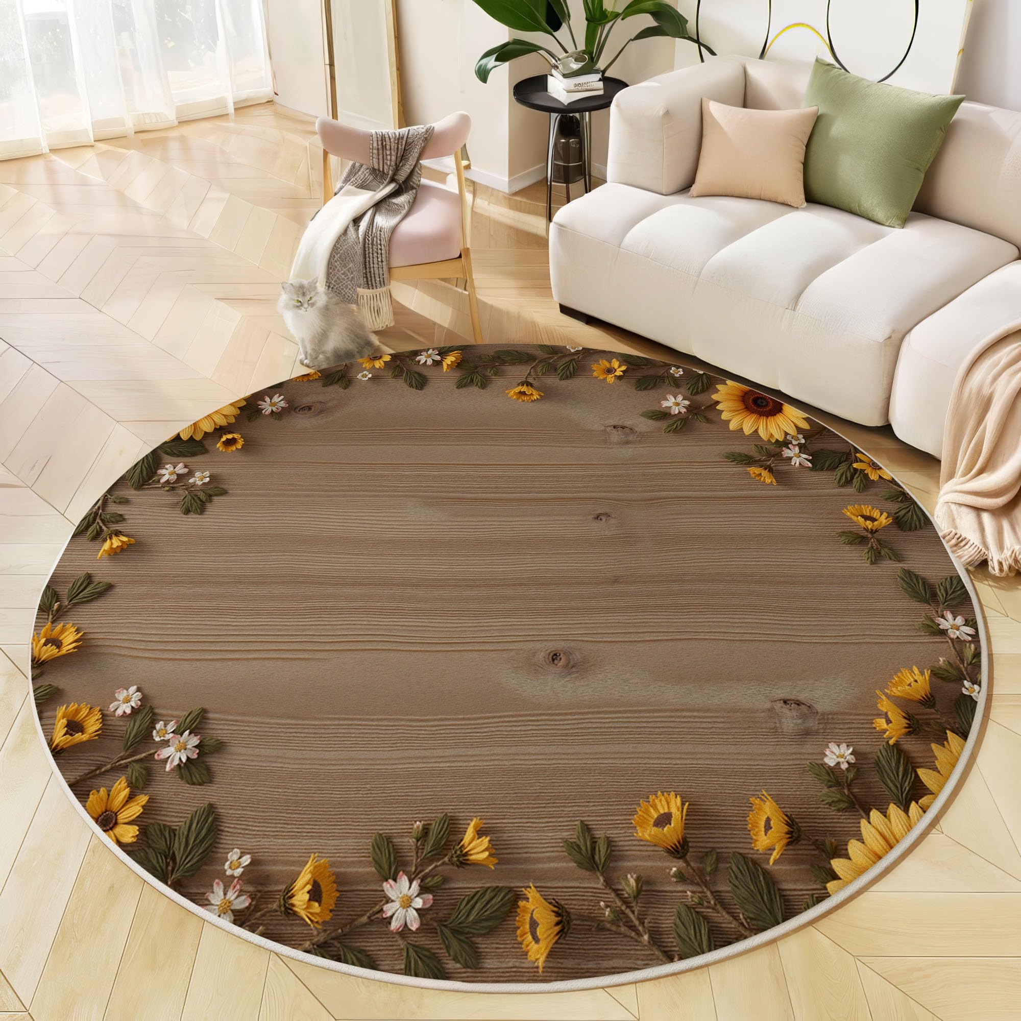 Landhausstil Waschbarer Runder Teppich 150cm, Pflegeleicht rutschfest Natürlich Sonnenblumen Holzmaserung Teppich, Kurzflor Gelb Teppiche für Schlafzimmer Badezimmer Eingangsbereich Kinderzimmer
