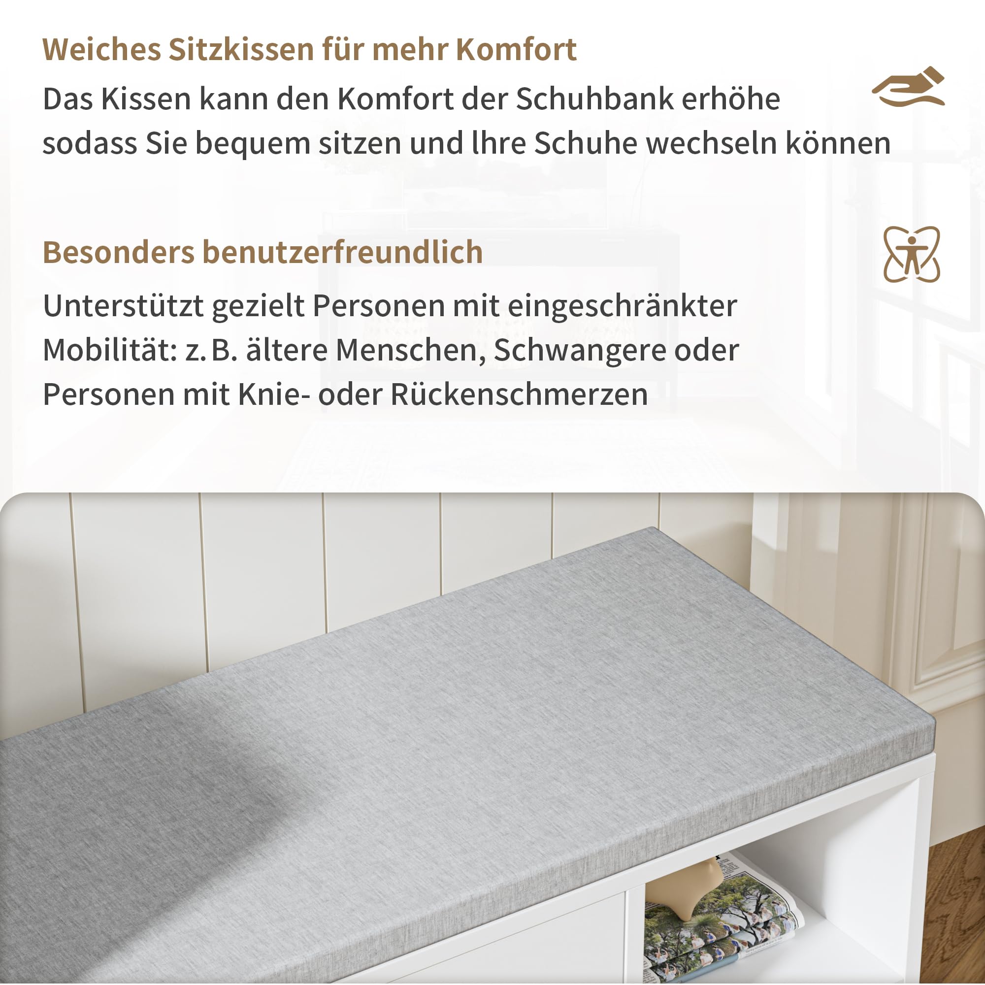 BonVache Schuhbank mit Sitzfläche, Klappfach mit Verstellbarer Trennwand, Höhenverstellbar, Schuhschrank mit Stauraumtüren und 3 Offener Lagerplatz, Schuhregal für Flur, 105 x 34 x 67cm, Weiß
