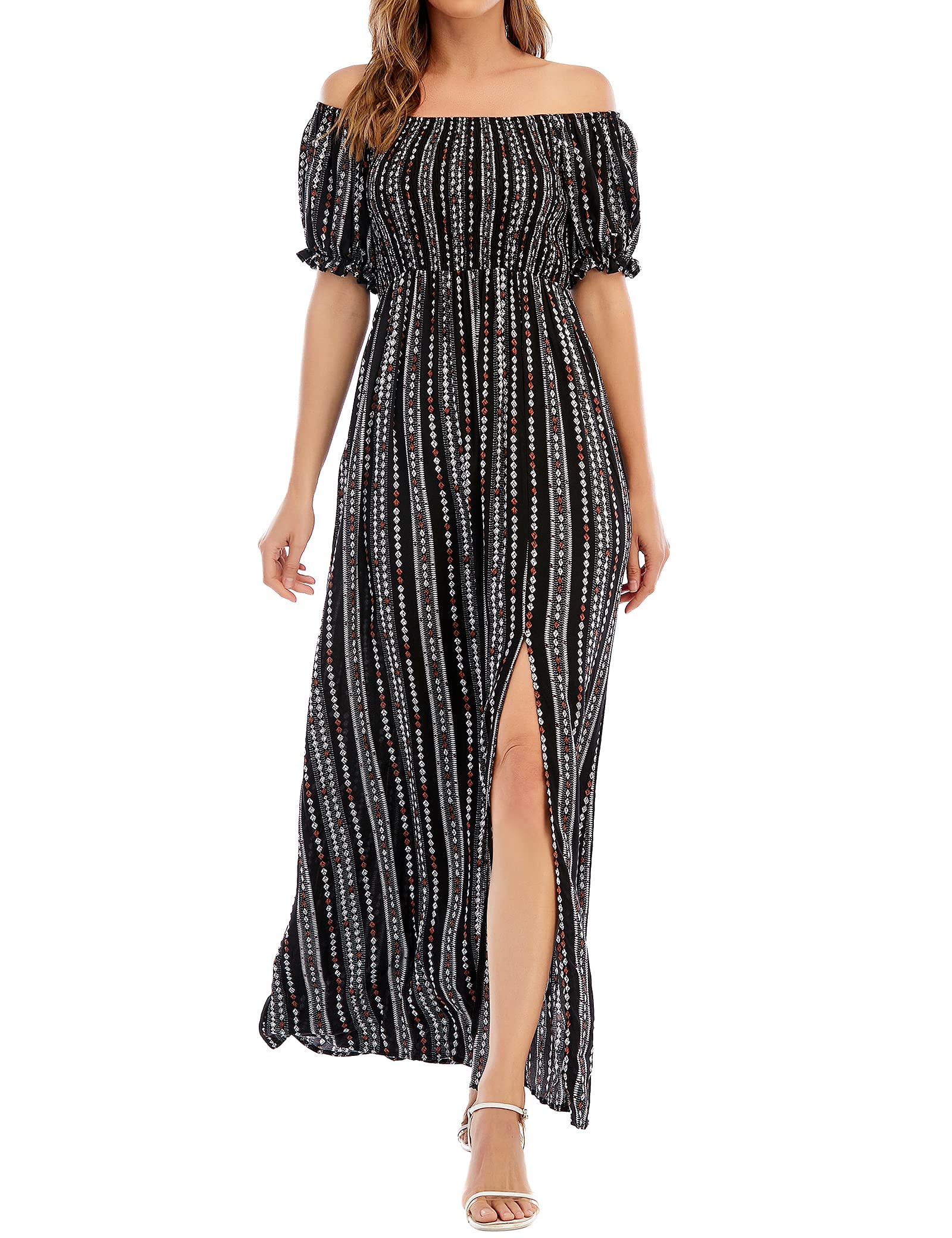 find. Women's Casual Summer Off Shoulder Floral Maxi Dress Puffed Short Sleeve Side Split Sundress