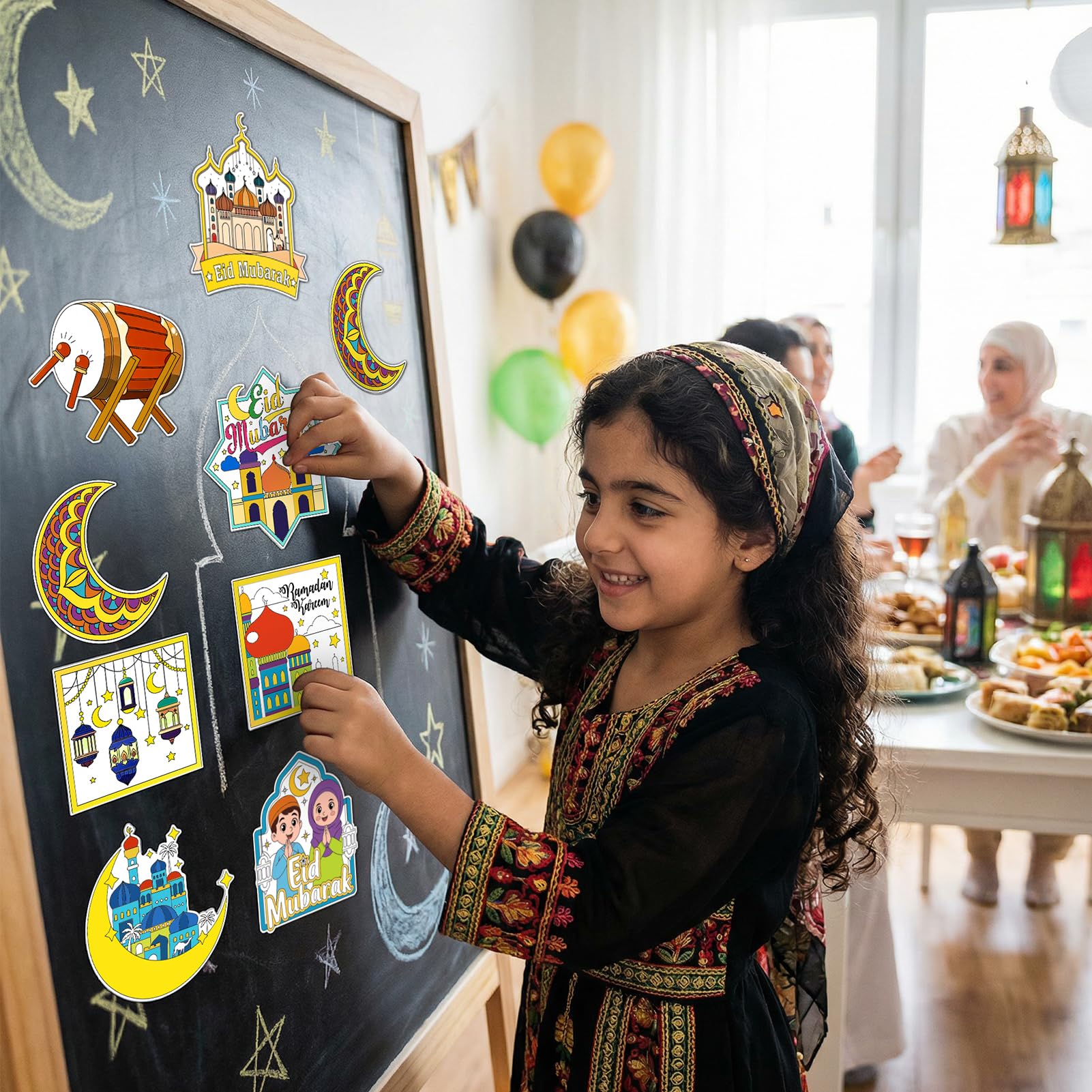 HOWAF 24 PCS Ramadan Crafts Fridge Magnet Kit, Color Your Own Eid DIY Fridge Magnet Include 24 Magnet Paint Pens Eid Mubarak Gifts for Kids Party Supplies Home School Activities