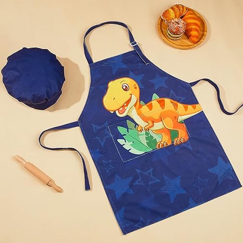 Miniatura 3 de MHJY Delantal infantil y sombrero de chef para niños, delantal infantil de dinosaurio con bolsillos, delantal ajustable para cocinar, hornear,