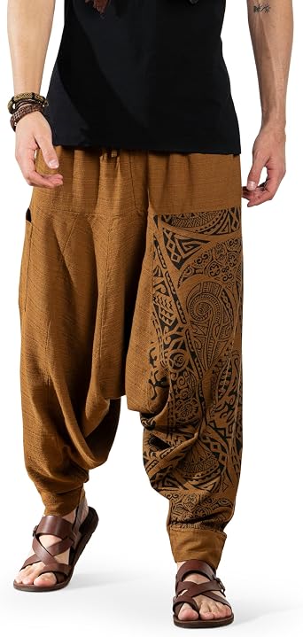 Mens Boho Harem Pants - Printed Yoga Pants with Elastic Waist & Drawstring