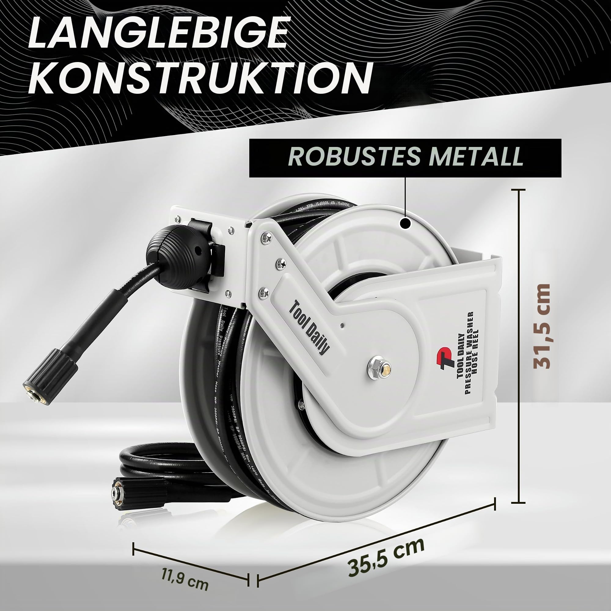 Tool Daily Aufrollbarer Hochdruckschlauch-Aufroller 18 m x 1/4 Zoll, Robuste Schlauchtrommel für Hochdruckreiniger 248 bar (3600 PSI) mit Wand- und Bodermontage