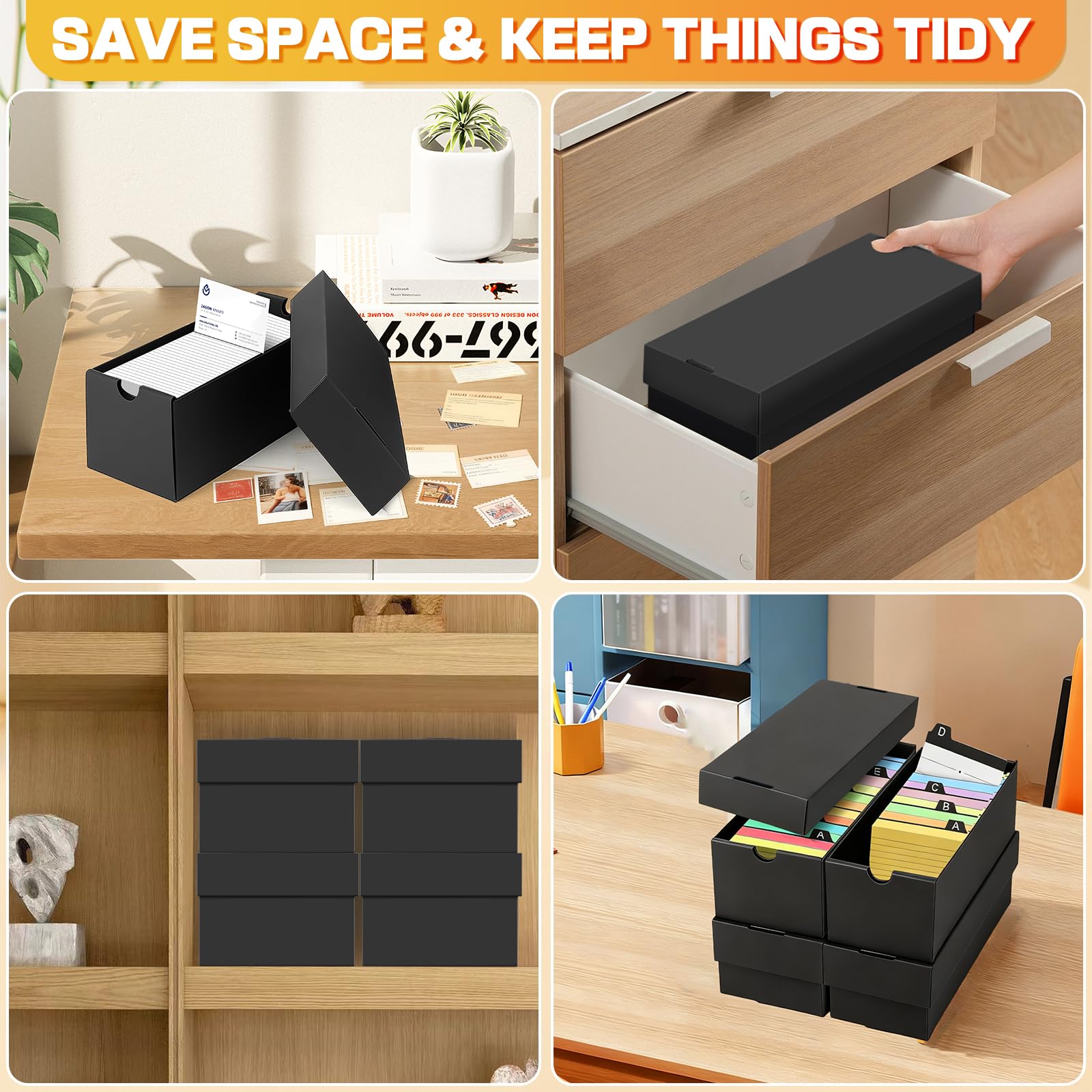 4Pcs Caja para Flashcards A8 con 112 Fichas A Rayas, para Tarjetas Estudio 52 x 74mm, Capacidad 980 Fichas, Caja de Aprendizaje Negra para Notas Recetas, Organización en Escuela y Oficina